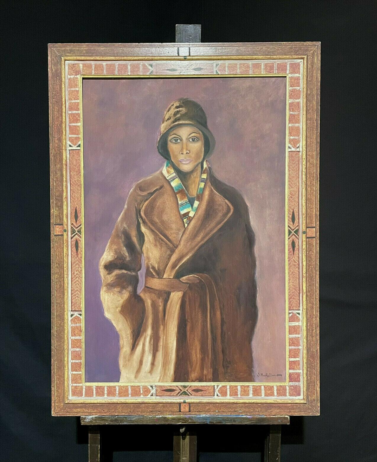 VERY LARGE SIGNED OIL PORTRAIT OF LADY IN VINTAGE COAT & HAT - DATED - FRAMED - Painting by J. Mackeller 