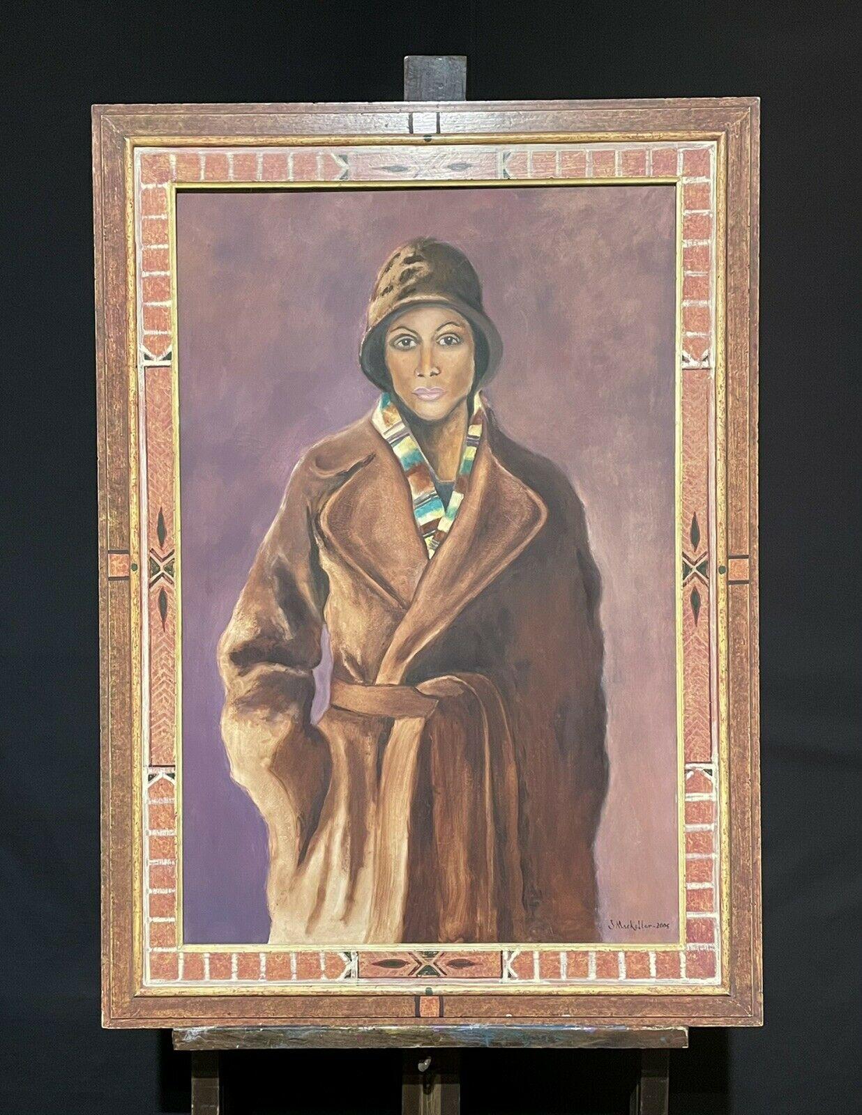 VERY LARGE SIGNED OIL PORTRAIT OF LADY IN VINTAGE COAT & HAT - DATED - FRAMED - Modern Painting by J. Mackeller 