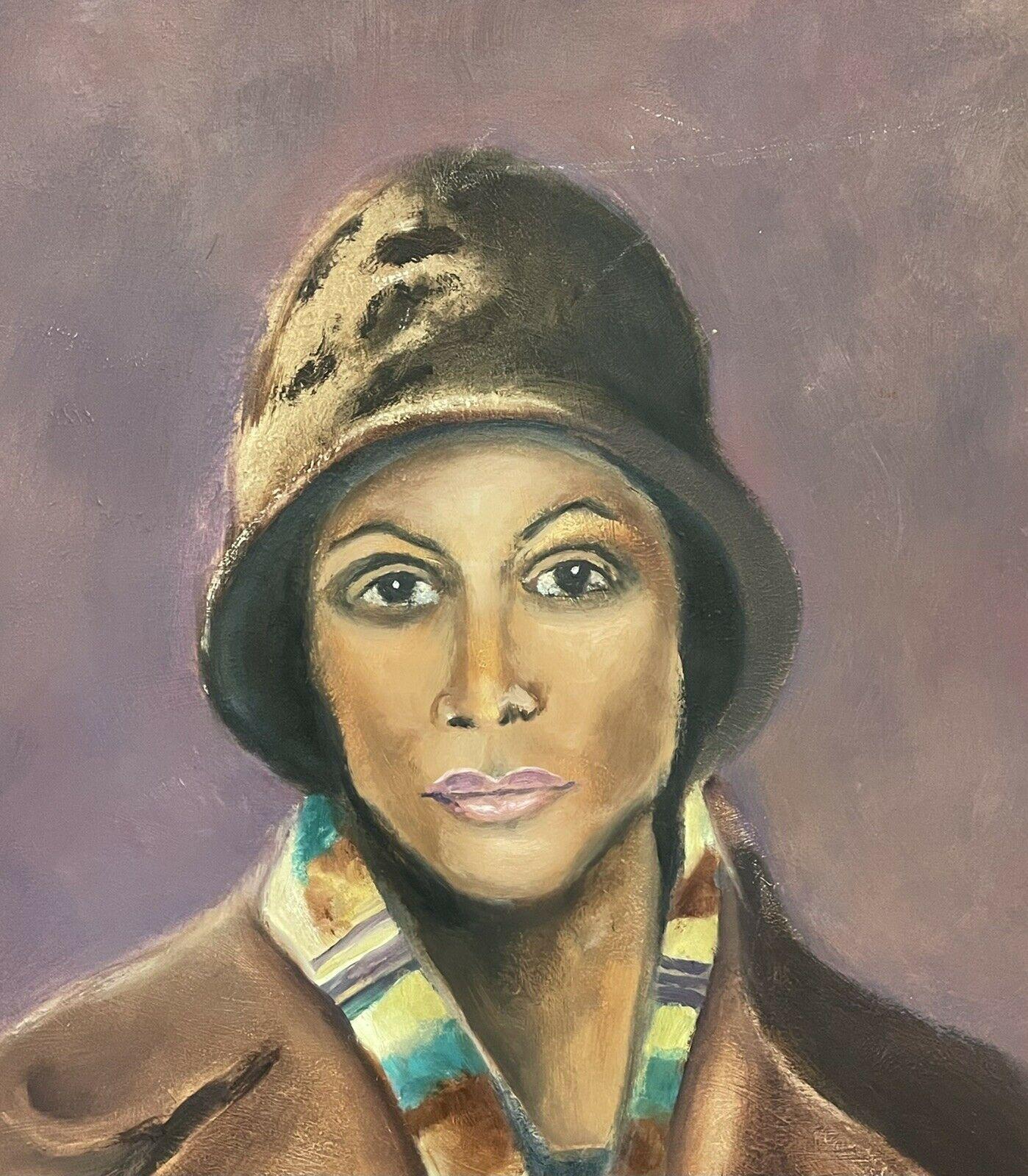 J. Mackeller  Portrait Painting - VERY LARGE SIGNED OIL PORTRAIT OF LADY IN VINTAGE COAT & HAT - DATED - FRAMED