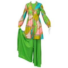 Joseph Magnin Mad Men-Worn Lime Palazzo Combinaison tunique ornée de bijoux - XS, années 1960