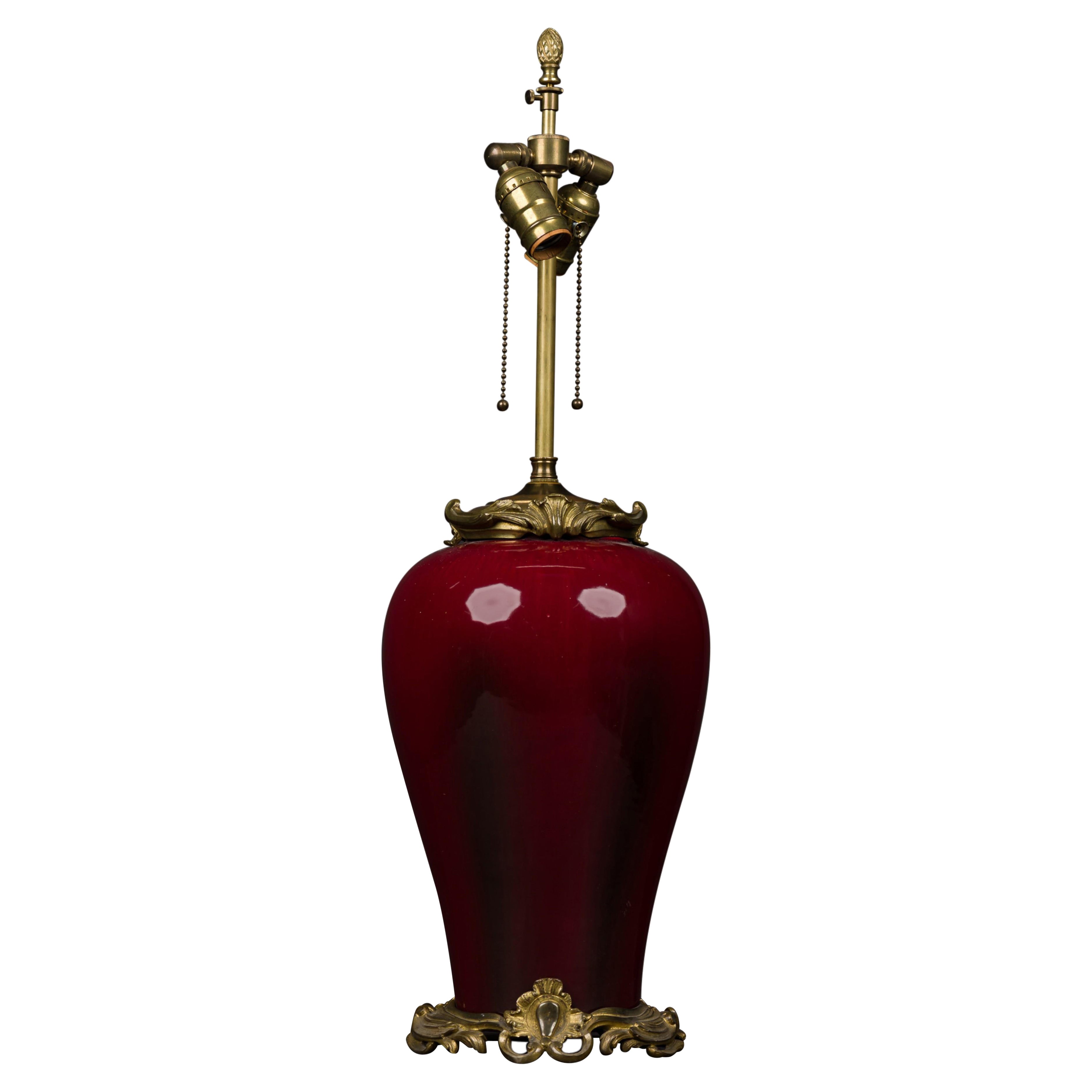 J. Massier Fils French  Louis XV style Chinoiserie Oxblood Porcelain Table Lamp For Sale