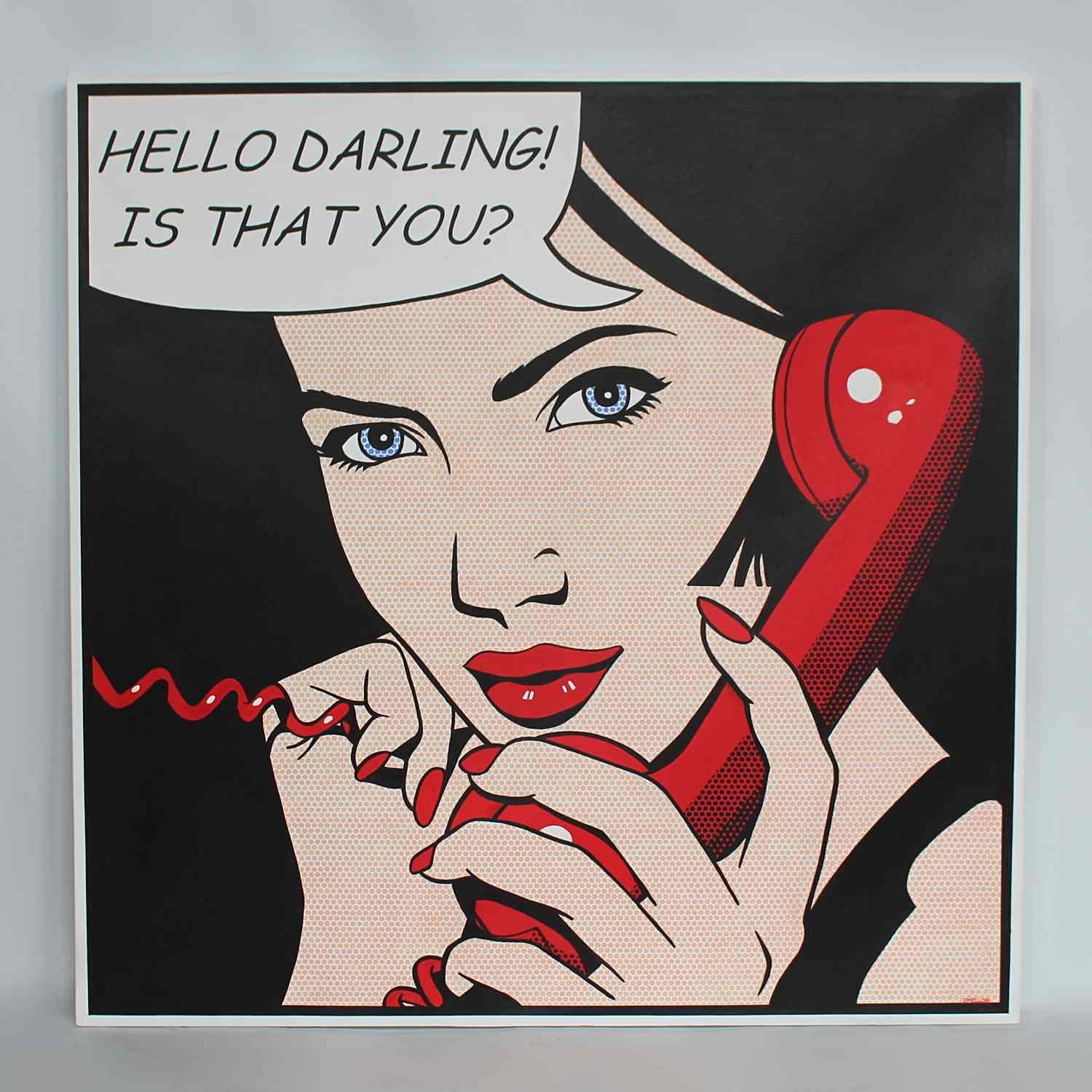 Hello Darling Is That You? an oil canvas by Judith Mellor. A pop art style painting depicting a lady in black talking to her lover through a pay phone. Signed J Mellor to lower right.

Artist: Judith Mellor.
 