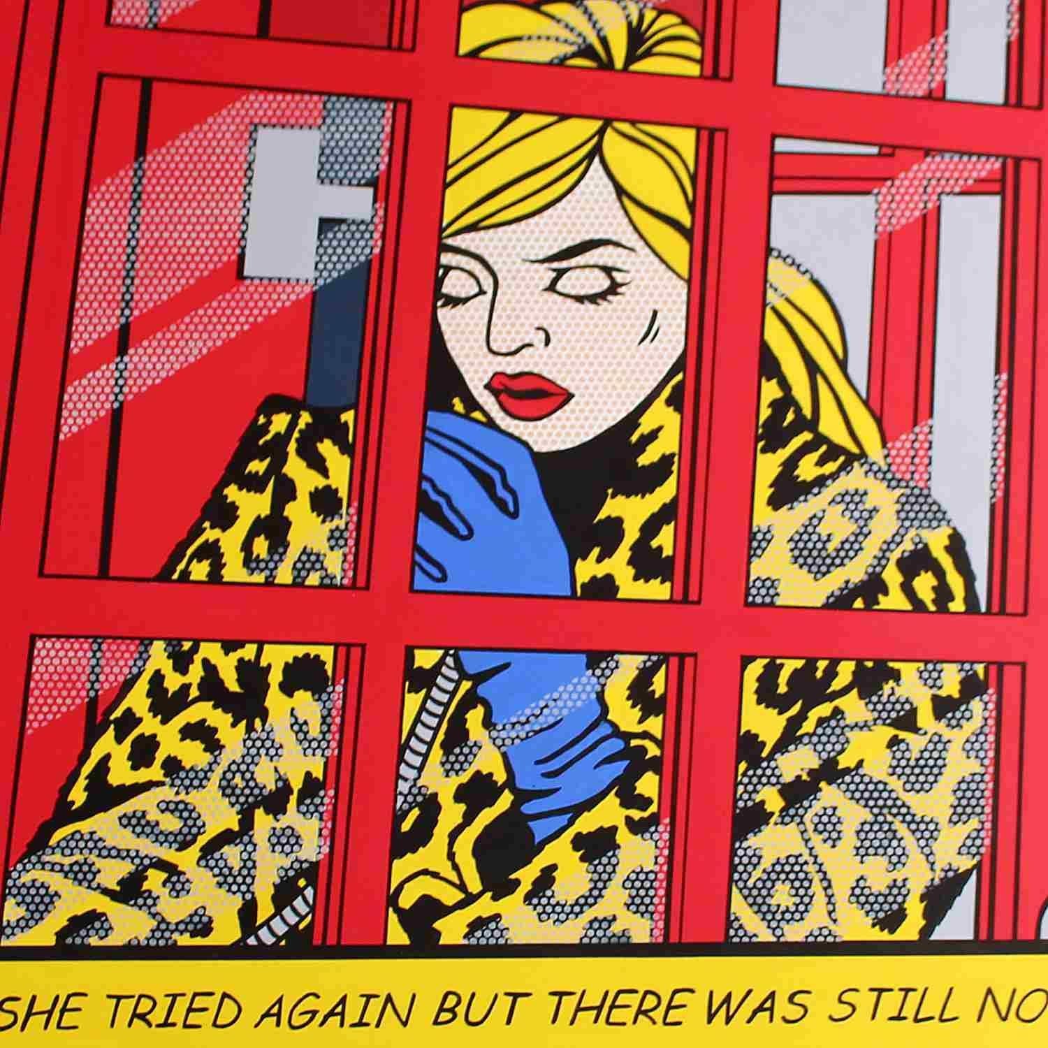 'She tried again but there was still no answer'. An oil on canvas picture in Pop Art style of a young woman in a phone booth trying to make a phone call. Signed J Mellor 06 to back of canvas.


    