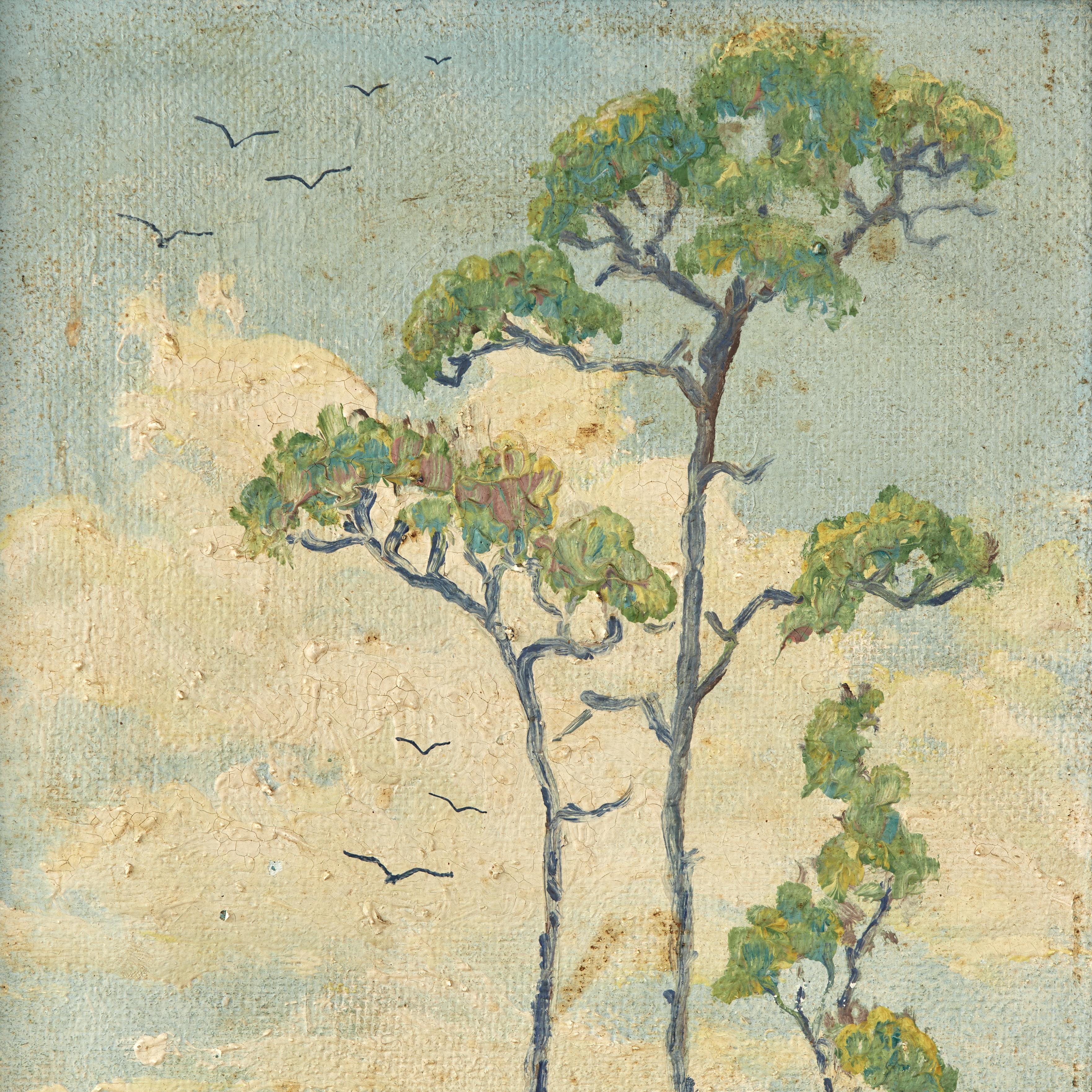 Pittura a olio di alberi e uccelli dell'artista della Florida J Melvin Ziegler - Landscape Painting Beige di J. Melvin Ziegler