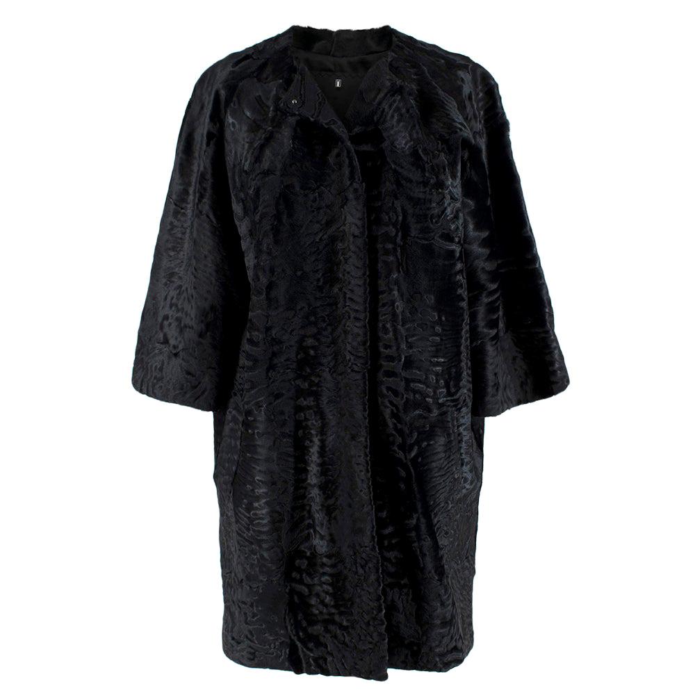 J Mendel Black Astrakhan Fur Collarless Coat - Size US 8