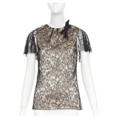 J MENDEL Chantilly Lace Blouse nude silk lined bow embellished top US2 S