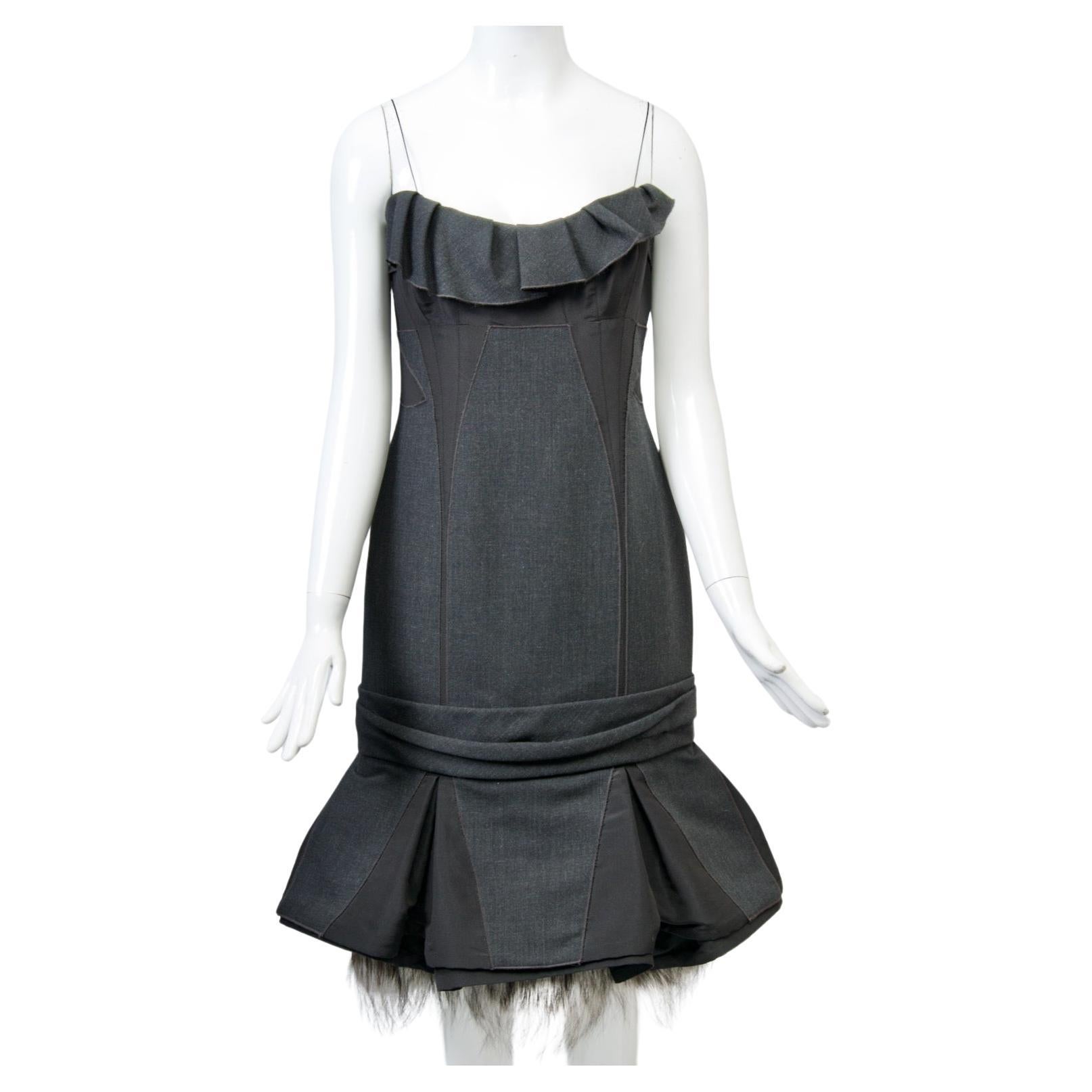 J. Mendel Charcoal Evening Dress with Fox For Sale