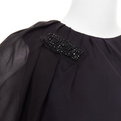 J MENDEL Chiffon Draped Top black beads embellished asymmetric blouse top US2 S