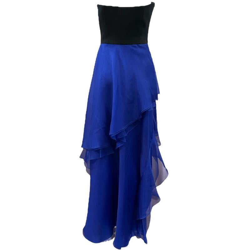 J Mendel Contemporary Blue Organza Strapless Gown with Sequin Top In Excellent Condition For Sale In Los Angeles, CA