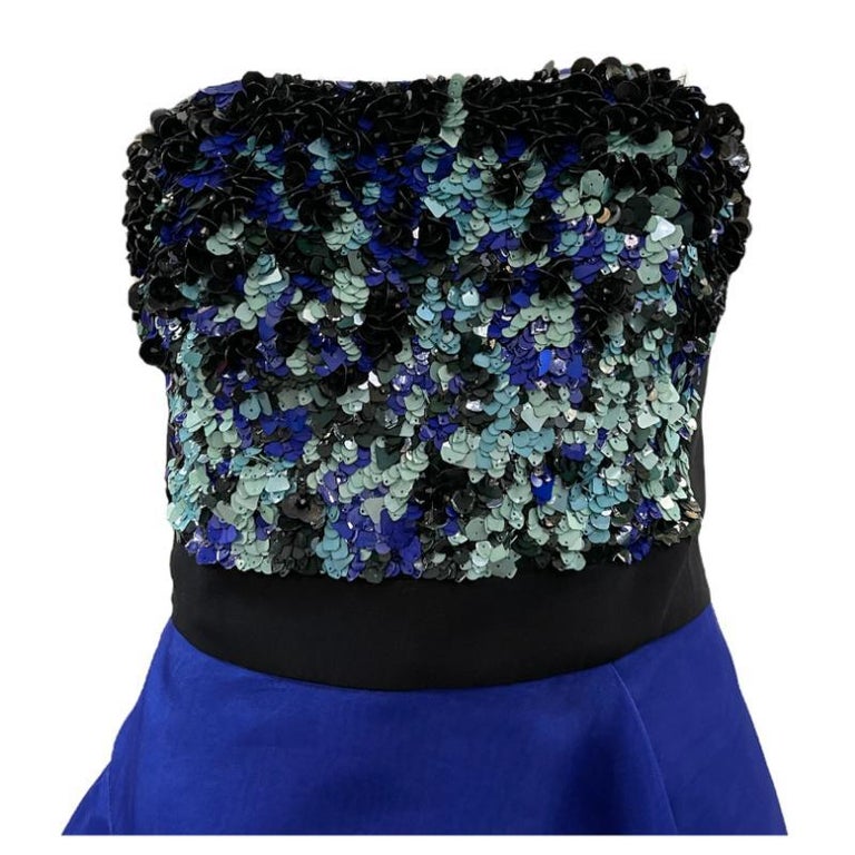J Mendel Contemporary Blue Organza Strapless Gown with Sequin Top J Mendel Contemporary Blue Organza Strapless Gown with Sequin Top