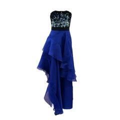 J Mendel Contemporary Blue Organza Strapless Gown with Sequin Top