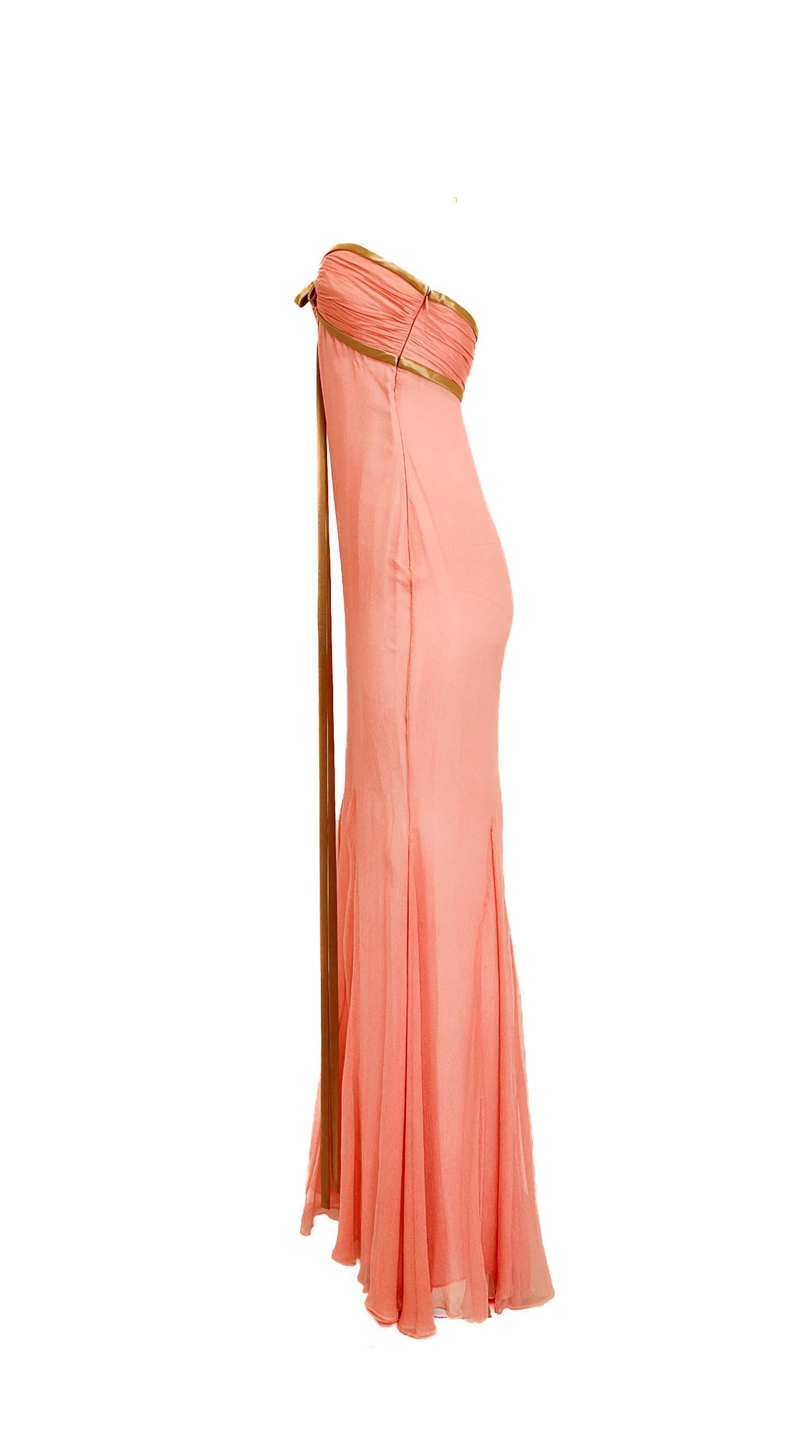 Oro J Mendel, abito in chiffon di seta senza spalline e con nastro d'oro, senza lacci e lacciuoli in vendita