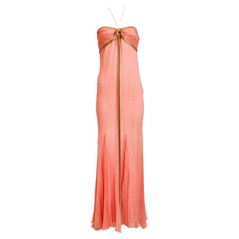 J Mendel Coral Strapless Halter Silk Chiffon Gown with Gold Ribbon at 1stDibs J Mendel Coral Strapless Halter Silk Chiffon Gown with Gold Ribbon at 1stDibs