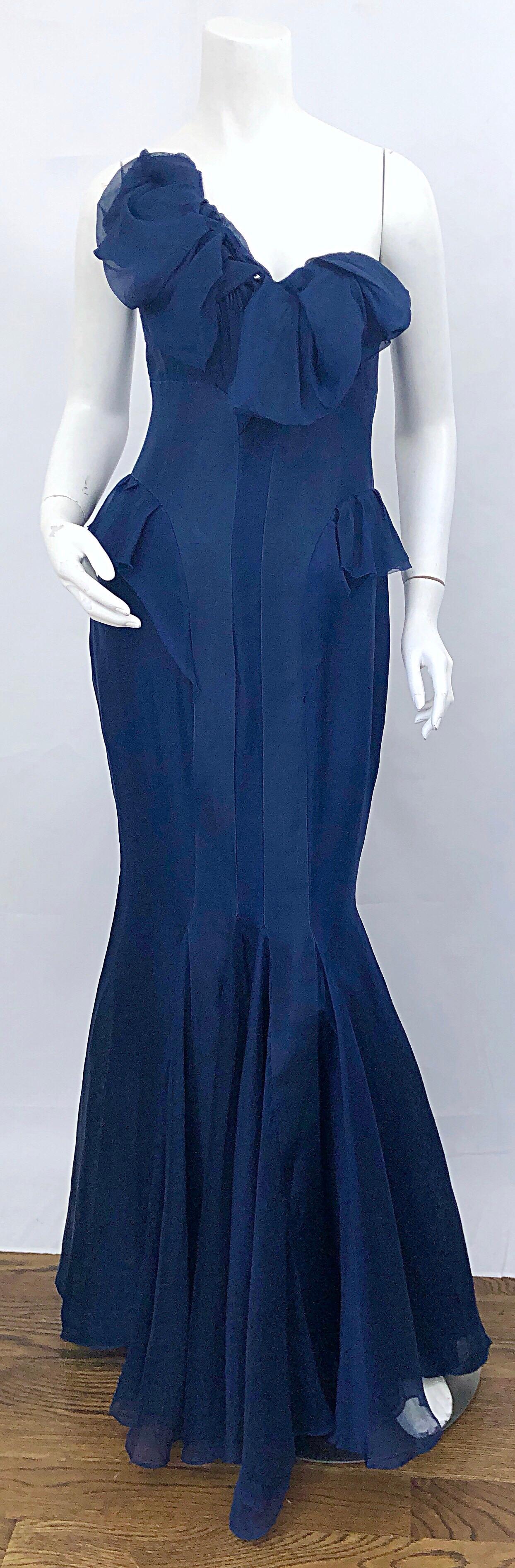 Extraordinary 2000s J MENDEL couture navy blue silk chiffon one shoulder Size 4 full length evening dress! Features a flattering tailored bodice with interior boning and interior corset. Unfinished chiffon edges. Beautiful mermaid shape elongates