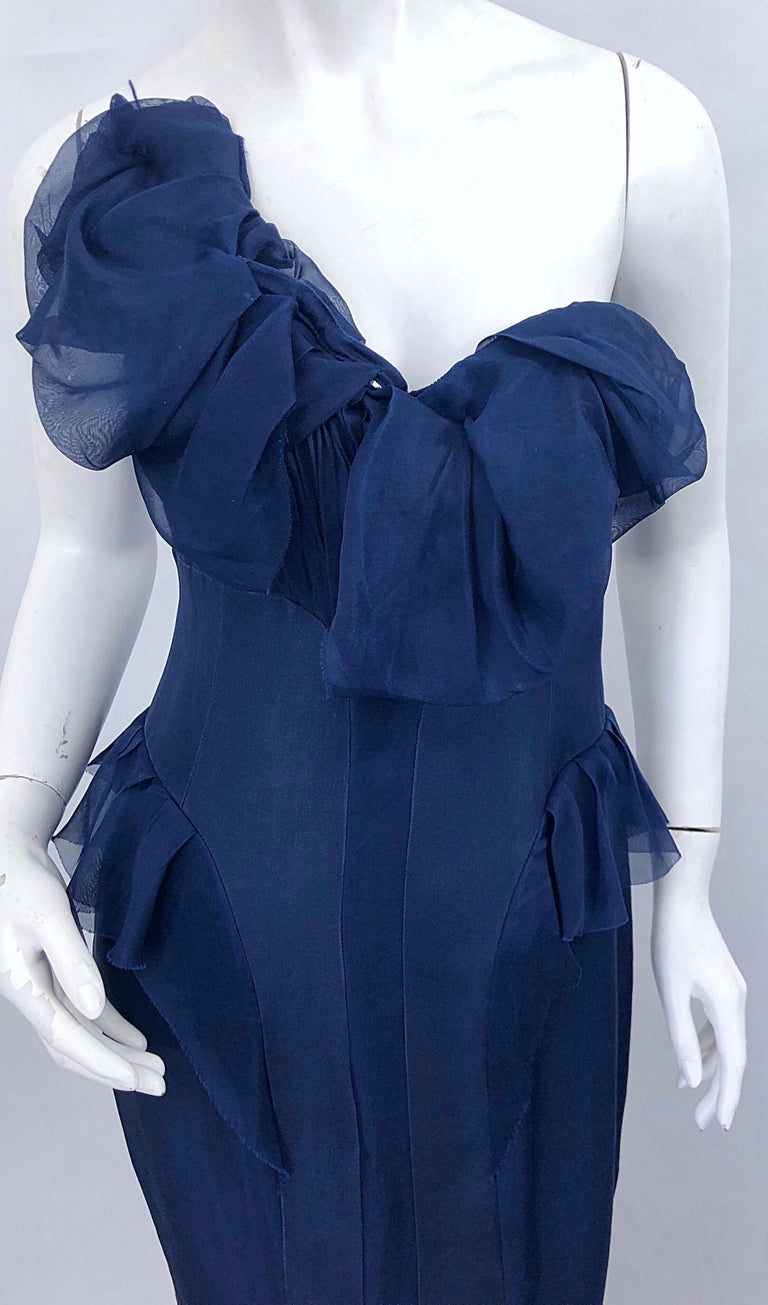 2000s J. Mendel Couture Size 4 Navy Blue Silk Chiffon One Shoulder Mermaid Gown