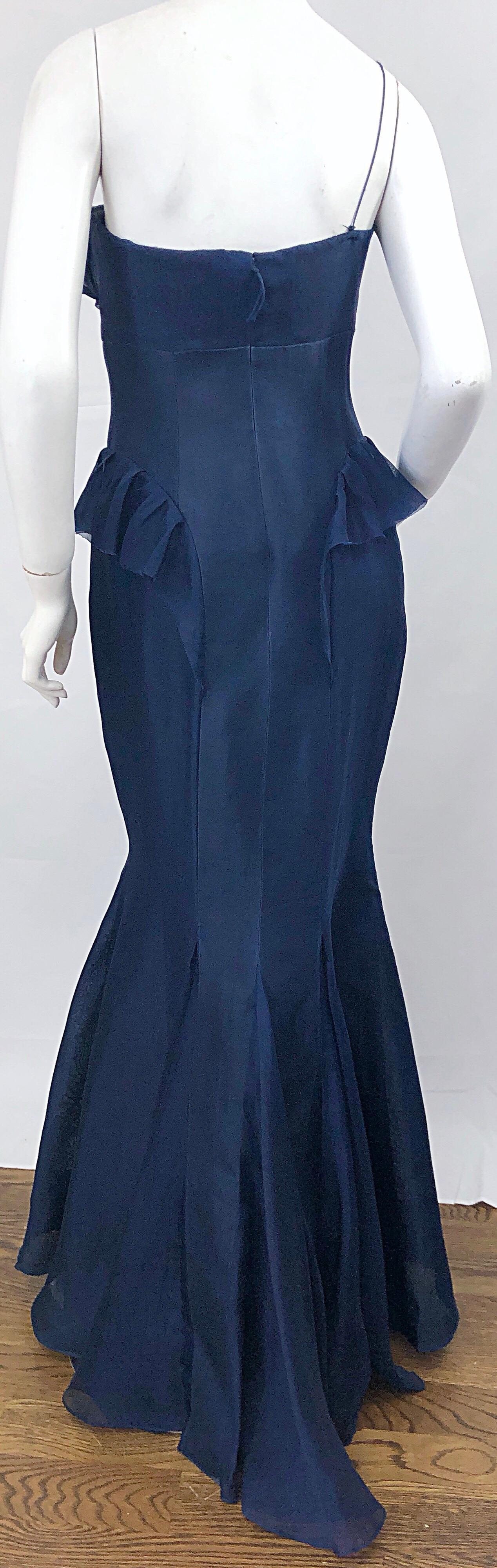 Women's 2000s J. Mendel Couture Size 4 Navy Blue Silk Chiffon One Shoulder Mermaid Gown  For Sale