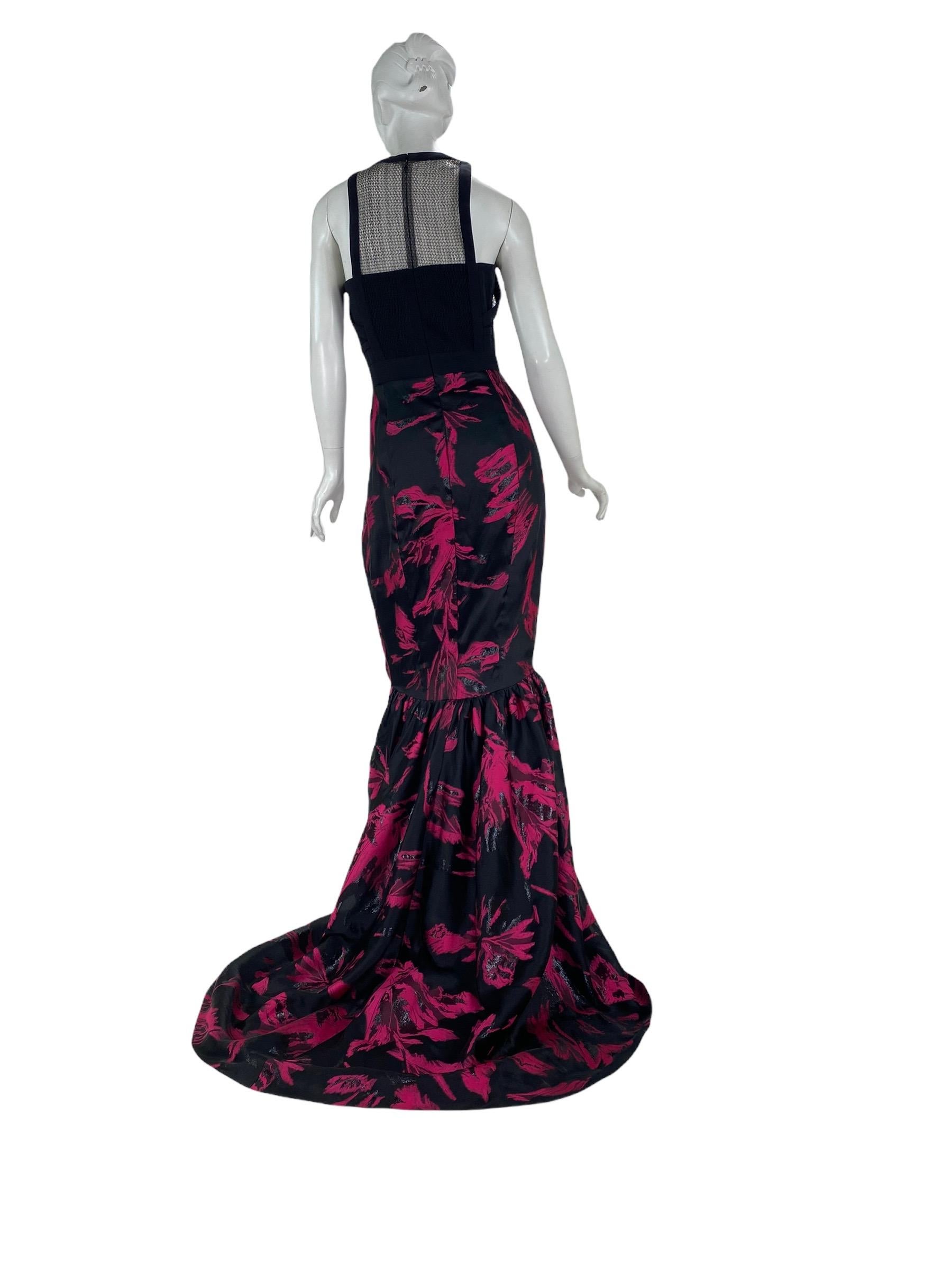 Black J Mendel Floral Jacquard Evening Long Dress Gown  size 8 For Sale