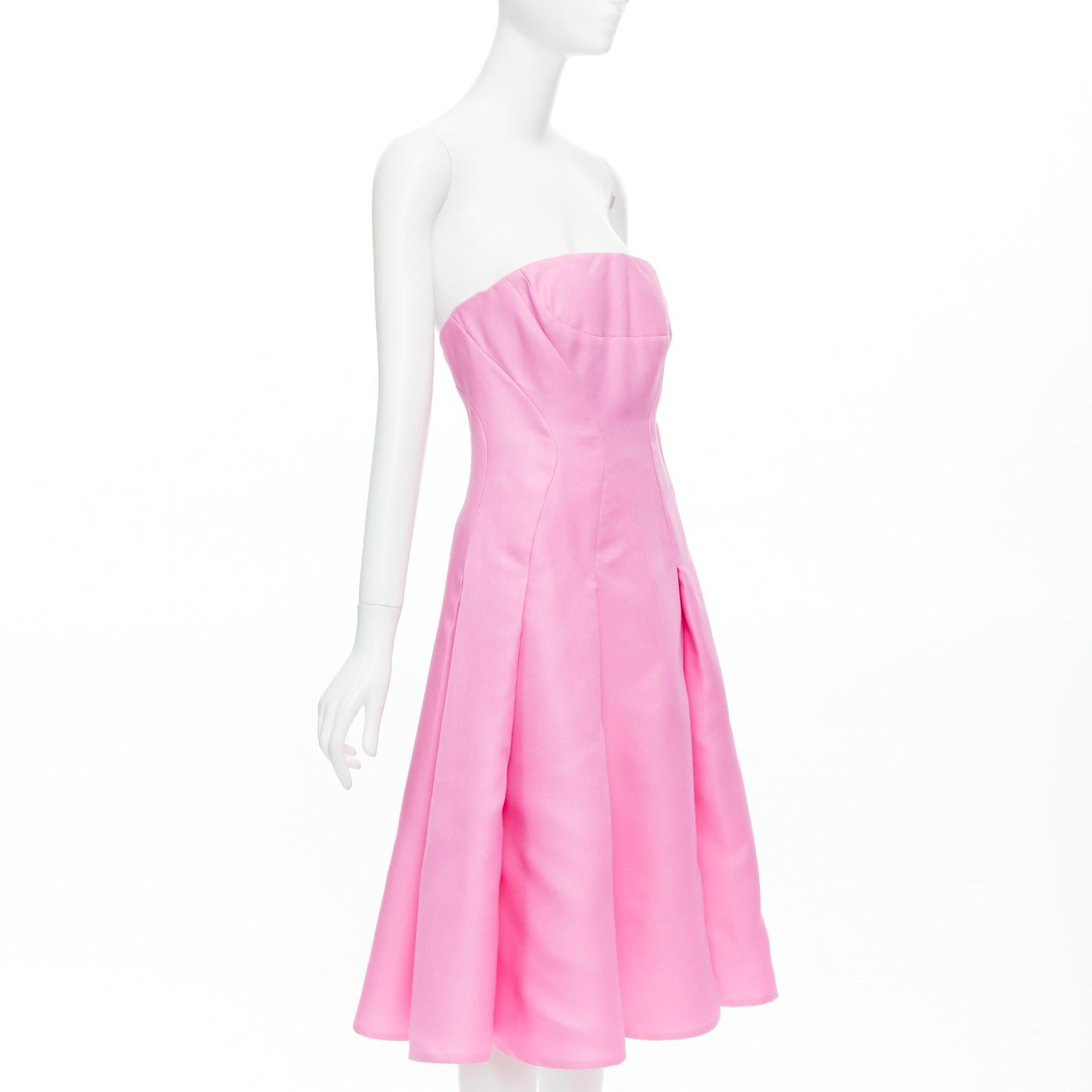 Pink J MENDEL hot pink silk wool darted strapless fit flare knee dress US4 S