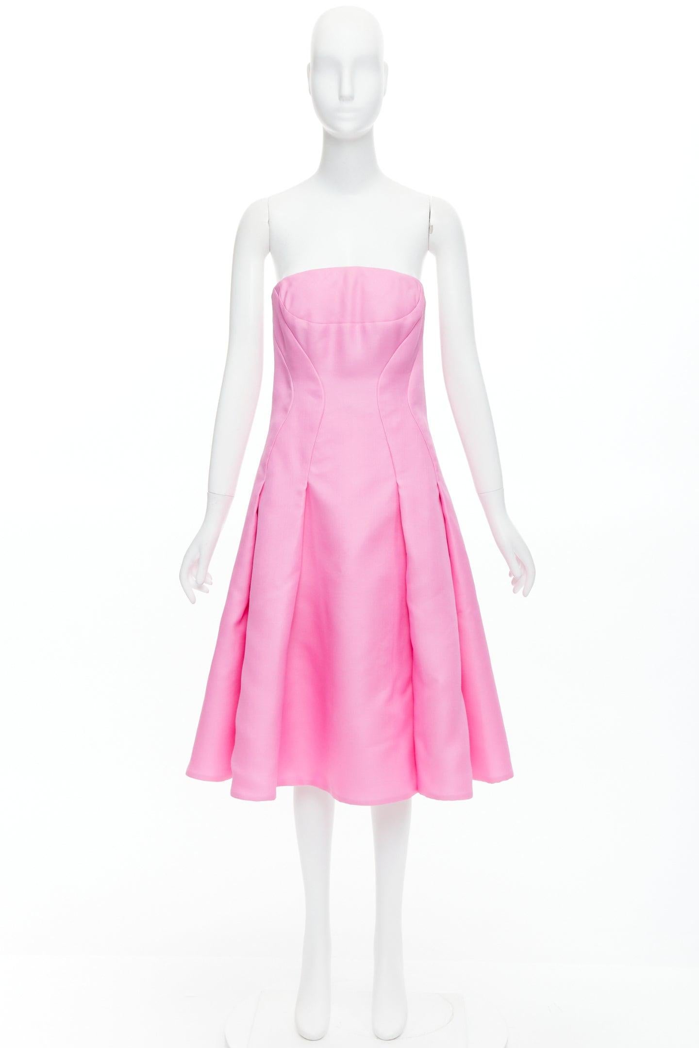 J MENDEL hot pink silk wool darted strapless fit flare knee dress US4 S 4