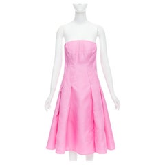 J MENDEL vestido sin tirantes de lana de seda rosa picante con pinzas, ajustado y acampanado US4 S