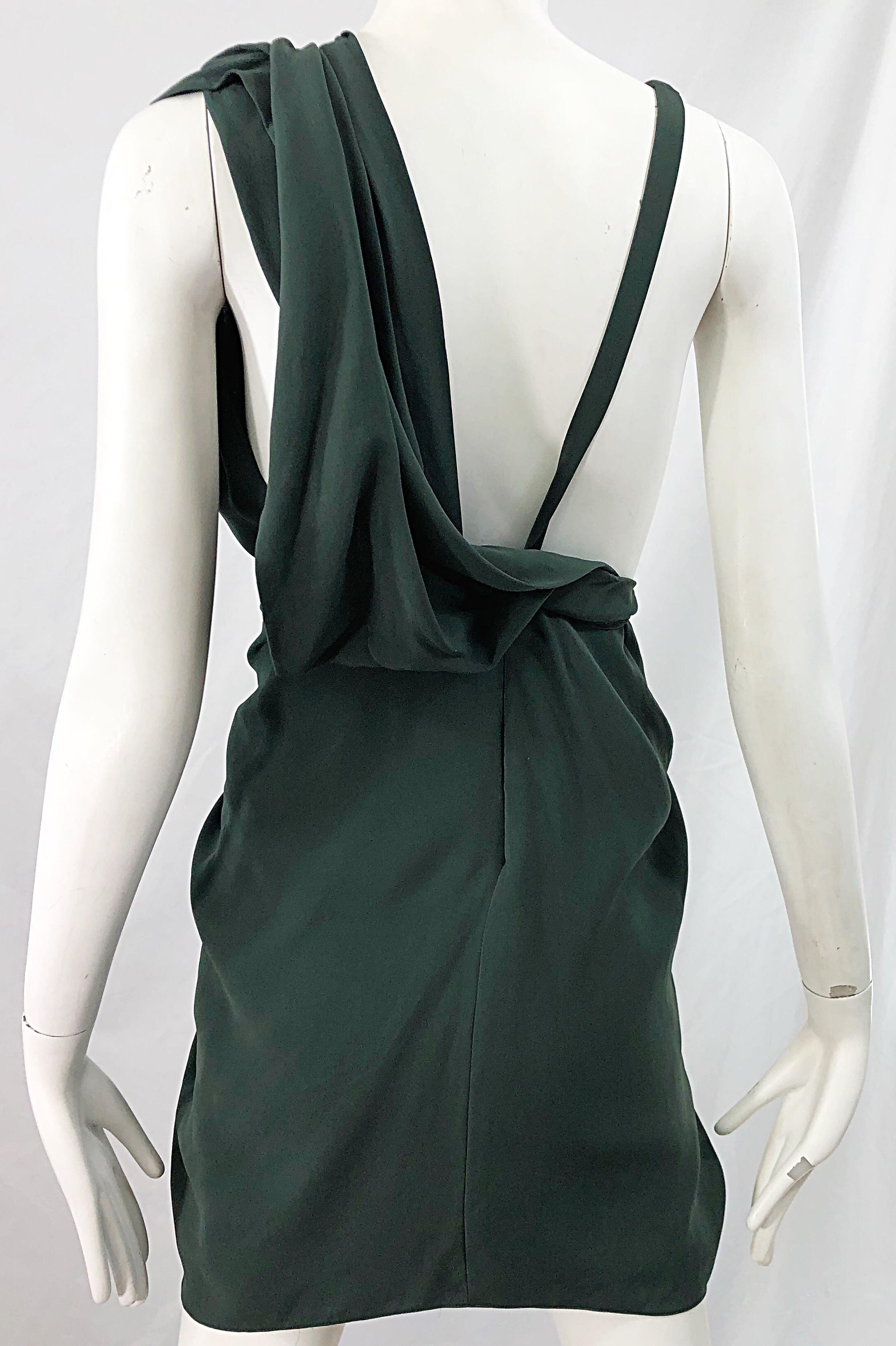 J Mendel Hunter Forest Green Sexy Plunging Early 2000s Asymmetrical Mini Dress For Sale 2