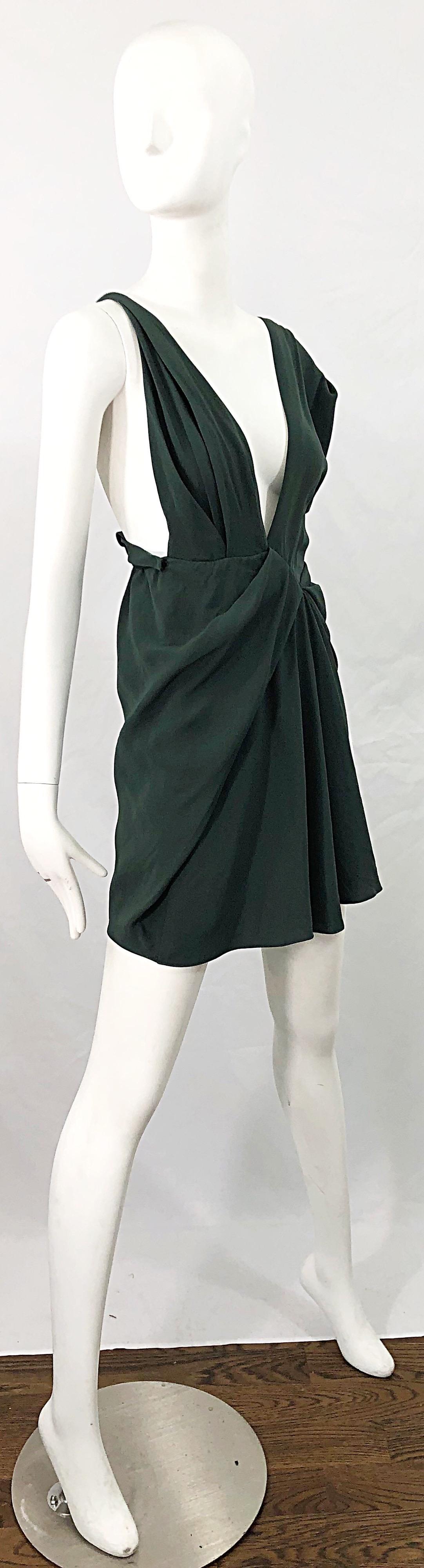 J Mendel Hunter Forest Green Sexy Plunging Early 2000s Asymmetrical Mini Dress For Sale 3