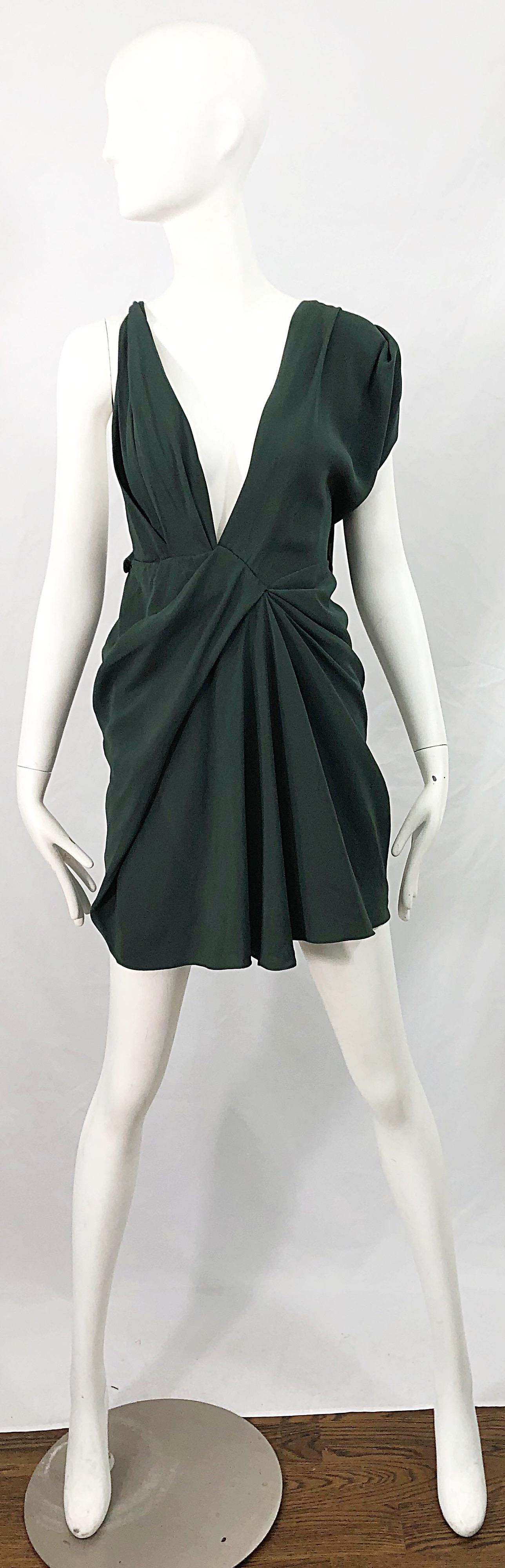 J Mendel Hunter Forest Green Sexy Plunging Early 2000s Asymmetrical Mini Dress For Sale 4