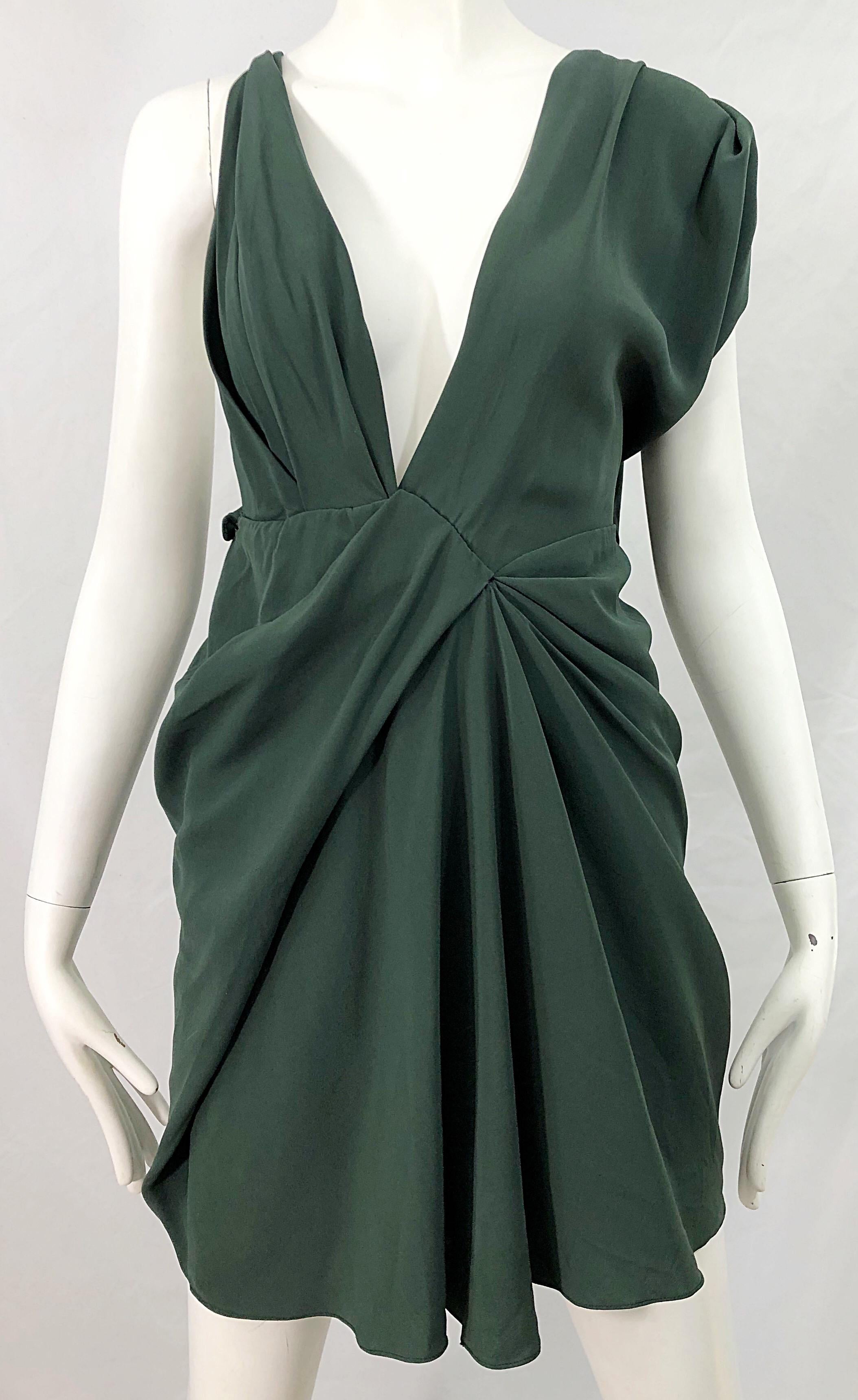 J Mendel Hunter Forest Green Sexy Plunging Early 2000s Asymmetrical Mini Dress In Excellent Condition For Sale In San Diego, CA