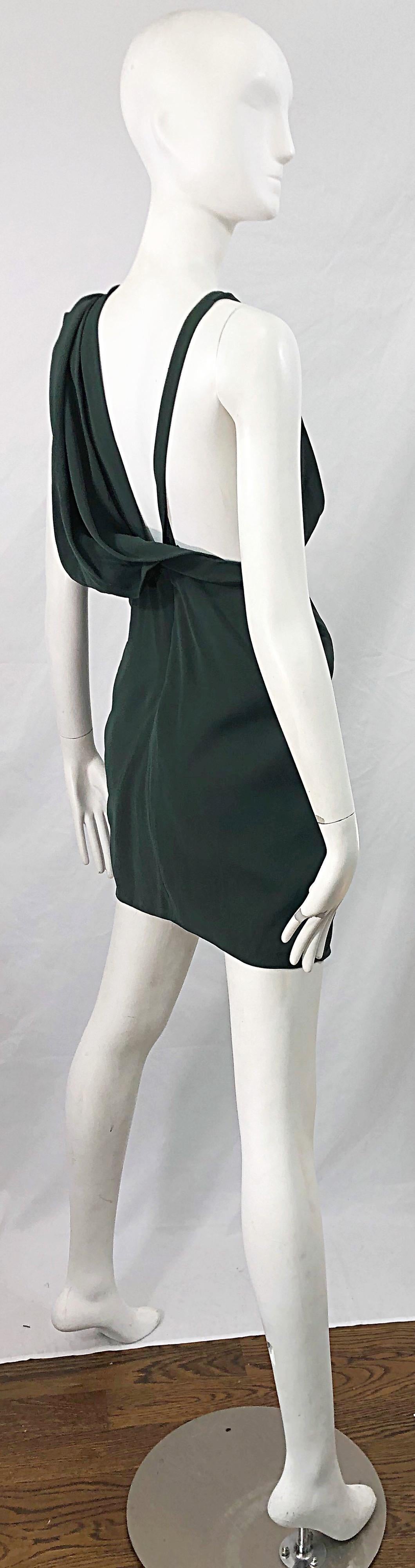 Women's J Mendel Hunter Forest Green Sexy Plunging Early 2000s Asymmetrical Mini Dress For Sale
