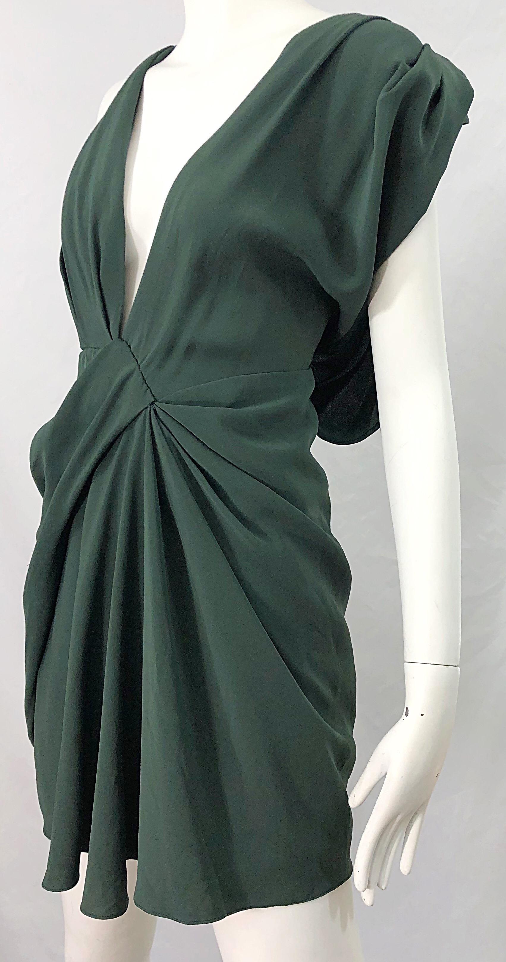 J Mendel Hunter Forest Green Sexy Plunging Early 2000s Asymmetrical Mini Dress For Sale 1