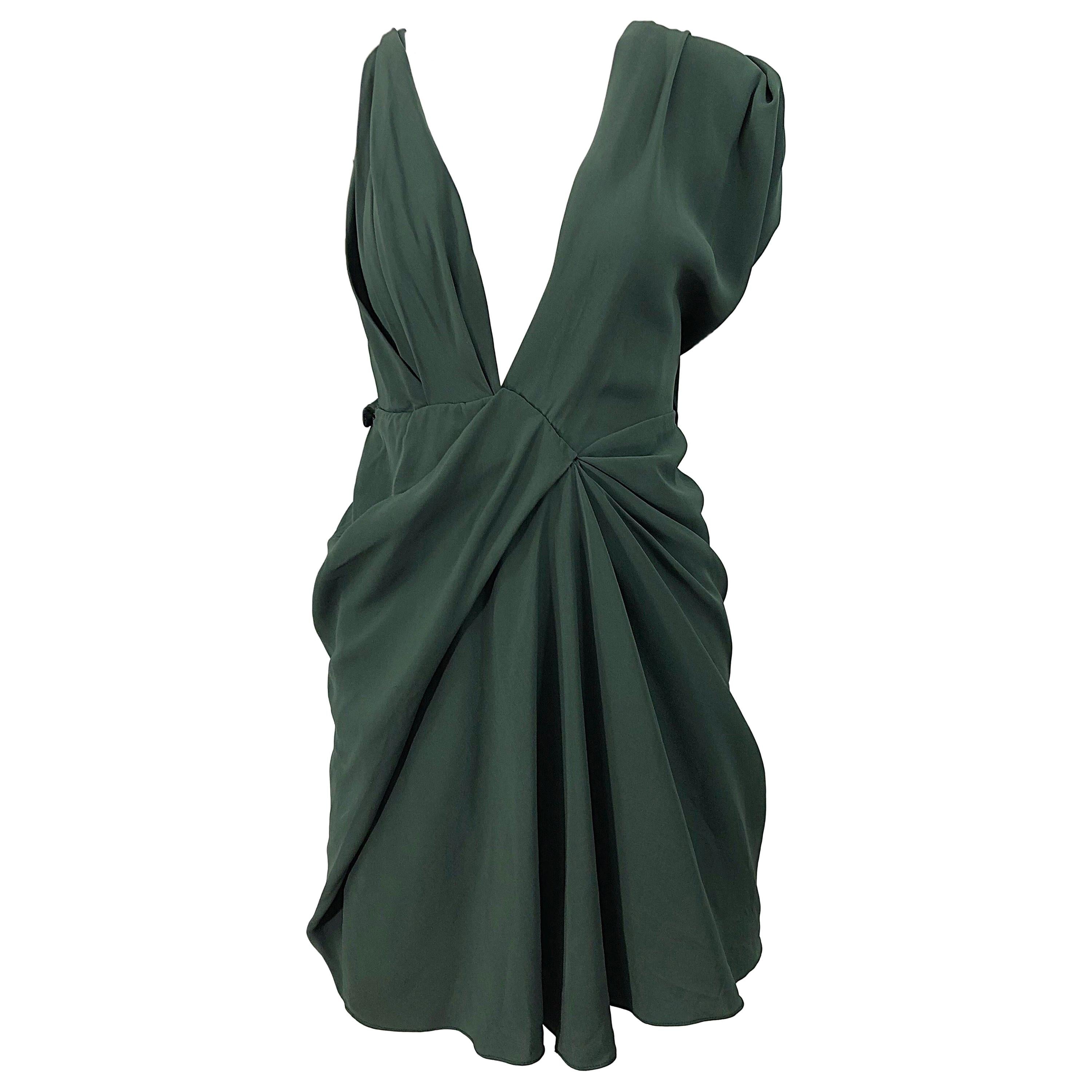 J Mendel Hunter Forest Green Sexy Plunging Early 2000s Asymmetrical Mini Dress For Sale