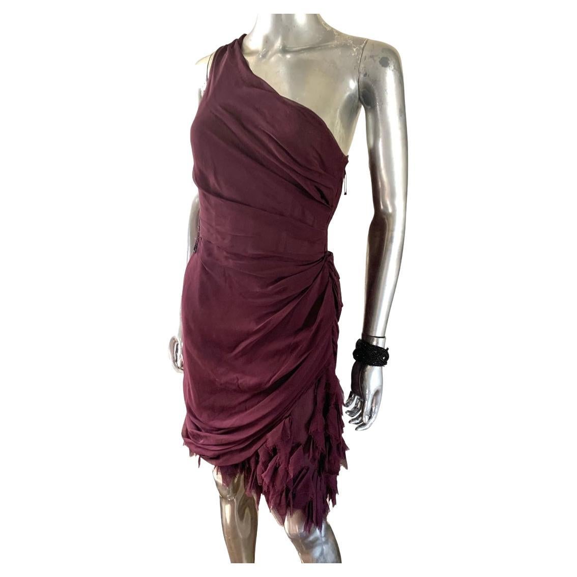 J. Mendel Paris Collection Wine Color Draped Beaded Chic Cocktail Dress Size 6 For Sale