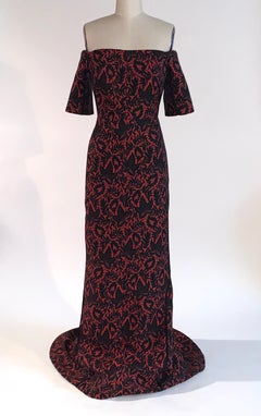 J. Mendel Red and Black Brocade Off The Shoulder Gown With Short Train