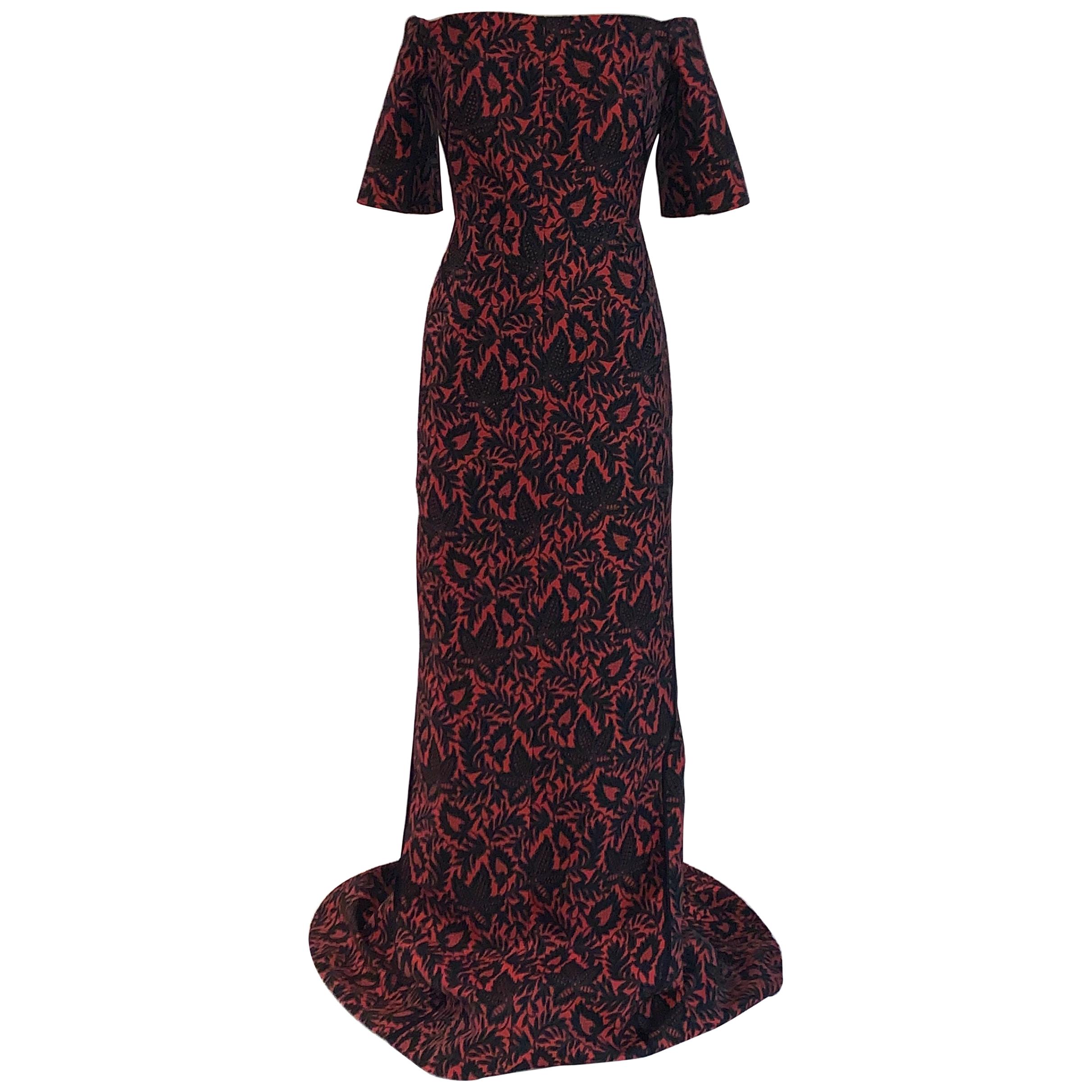 J. Mendel Red and Black Brocade Off The Shoulder Gown With Short Train