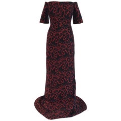 Vintage J. Mendel Red and Black Brocade Off The Shoulder Gown With Short Train