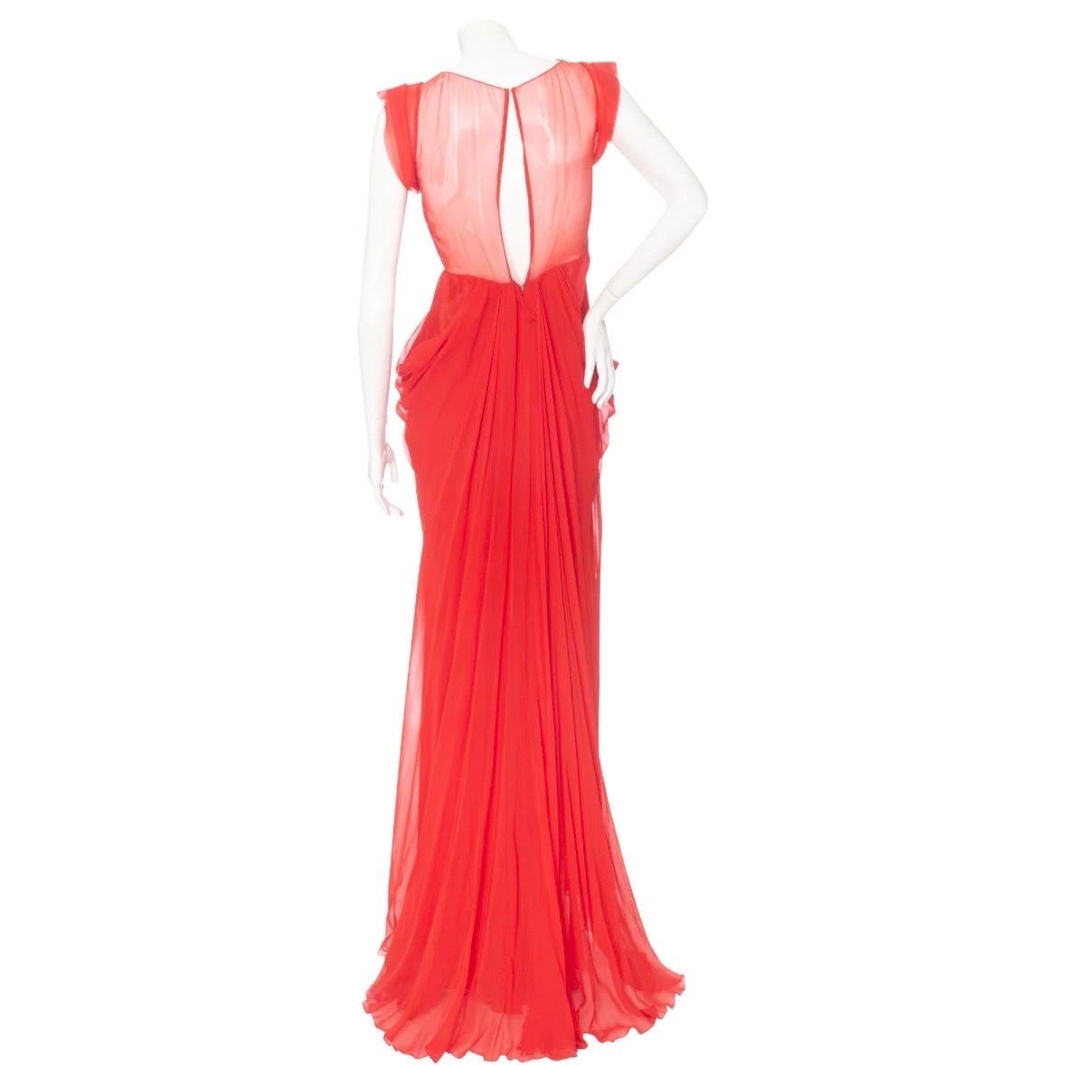 Women's J. Mendel Red Silk Chiffon Pleated V-Neck Evening Dress  For Sale