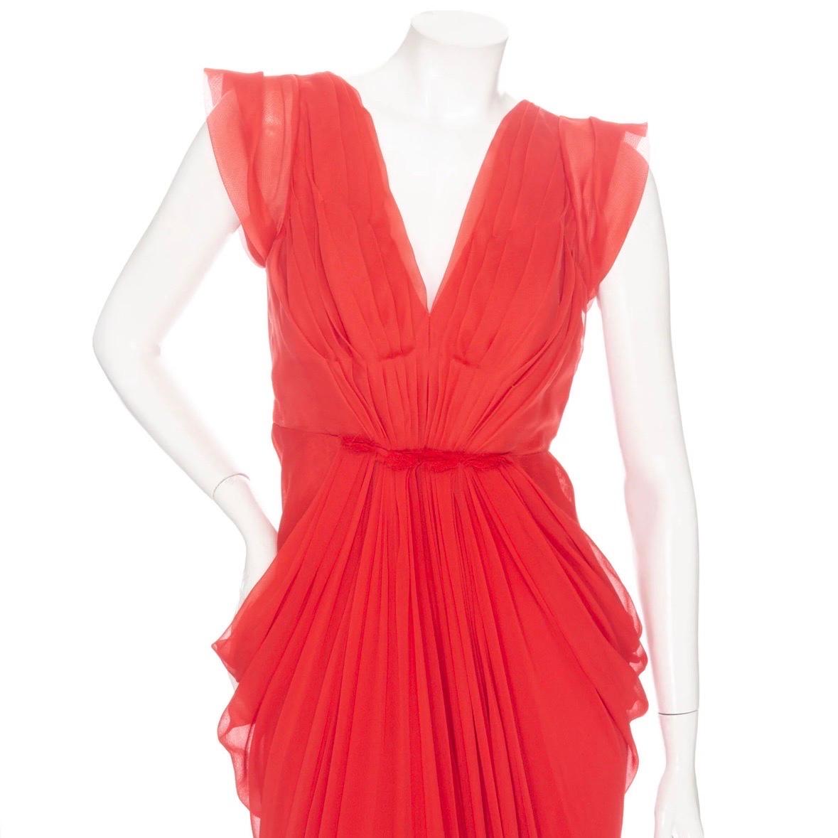 J. Mendel Red Silk Chiffon Pleated V-Neck Evening Dress  For Sale 1