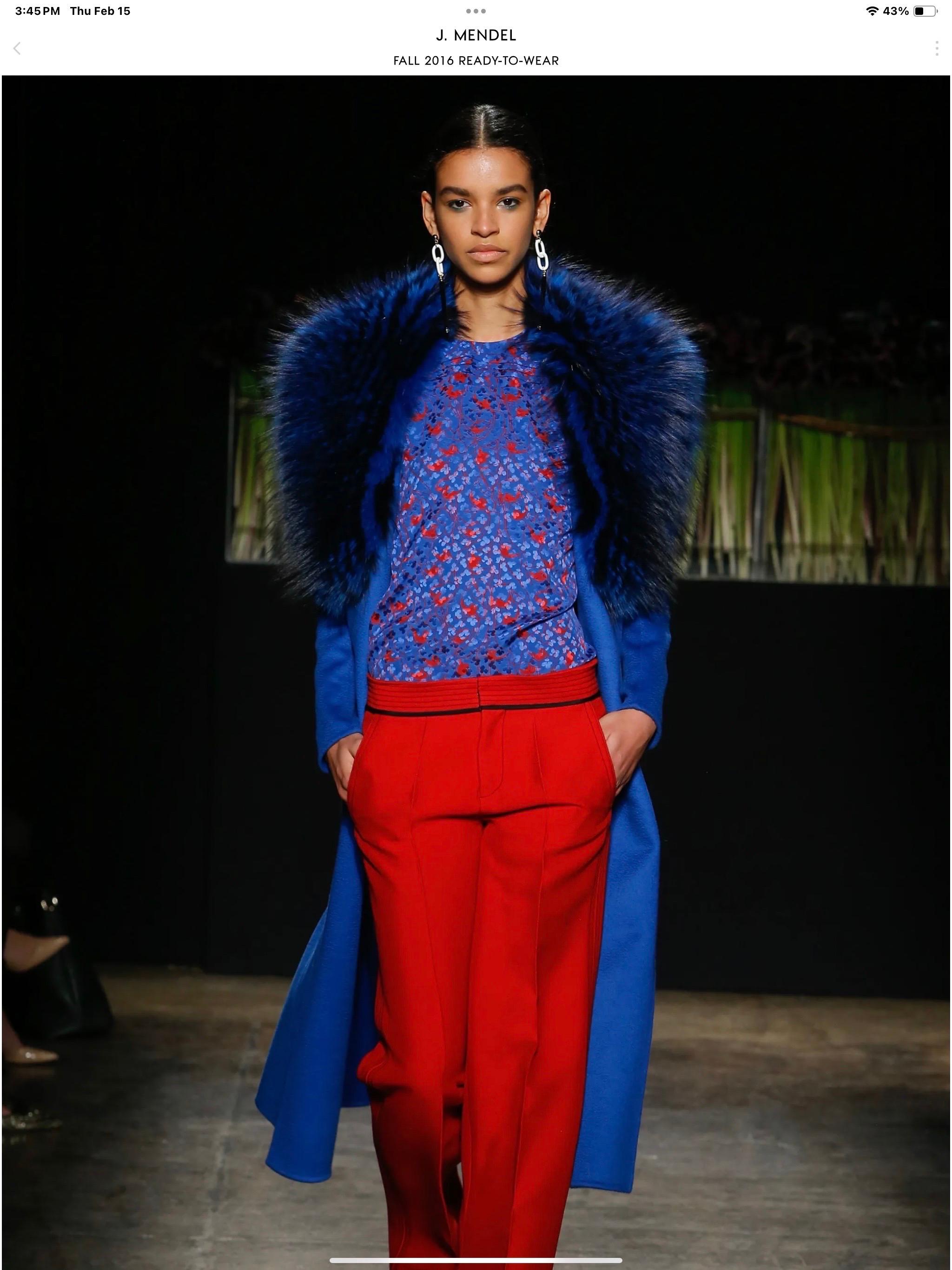J Mendel Runway Fall 2016 Azure Cashmere Coat with Fox Fur Collar-Size Small-NWT This stunning J Mendel Coat was look #9 of the Fall 2016 Fashion Show. This coat is new with tags and is made of a double faced zibeline cashmere with a dyed blue
