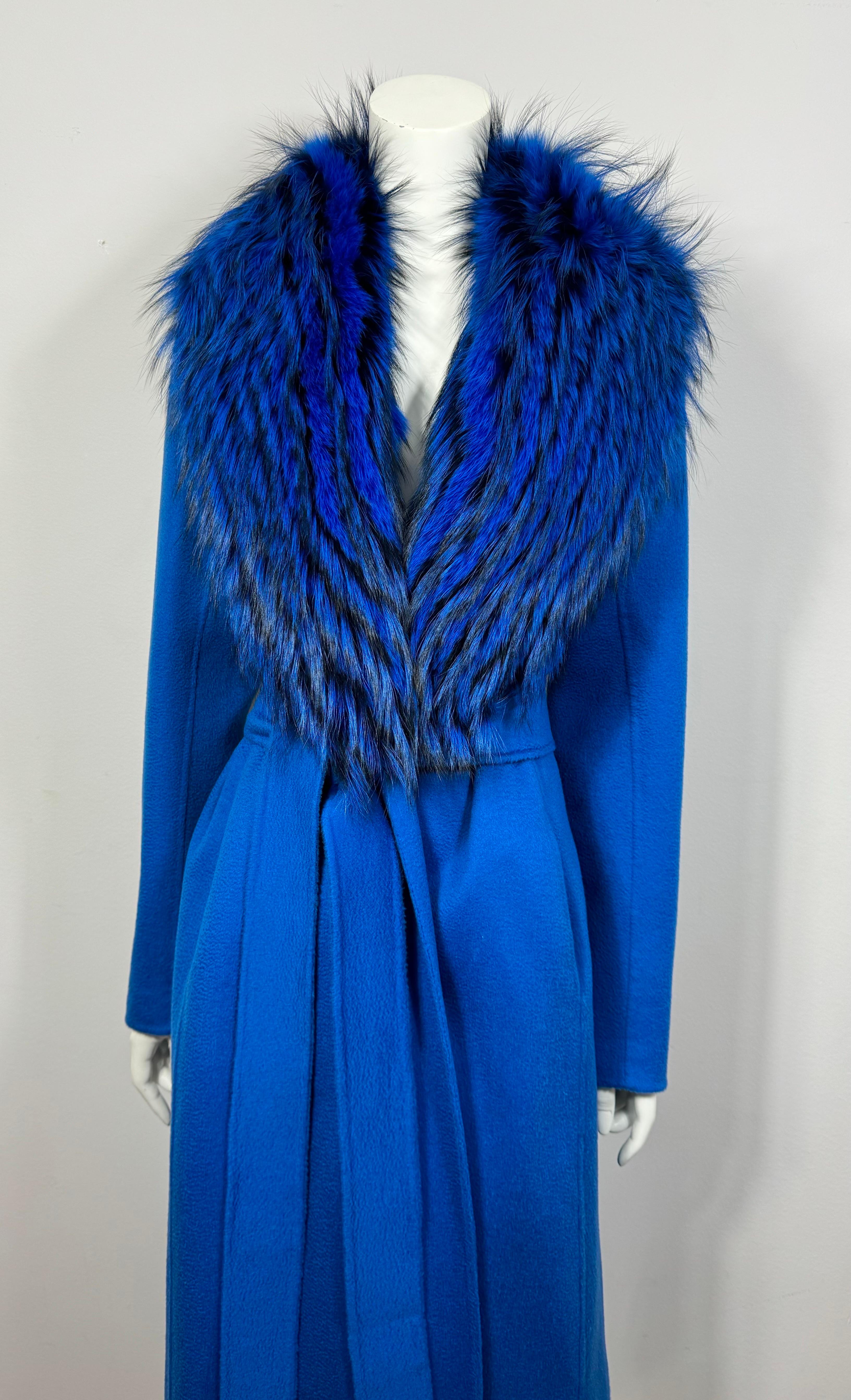 Women's or Men's J Mendel Runway Fall 2016 Azure Cashmere Coat with Fox Fur Collar-Size Small-NWT For Sale