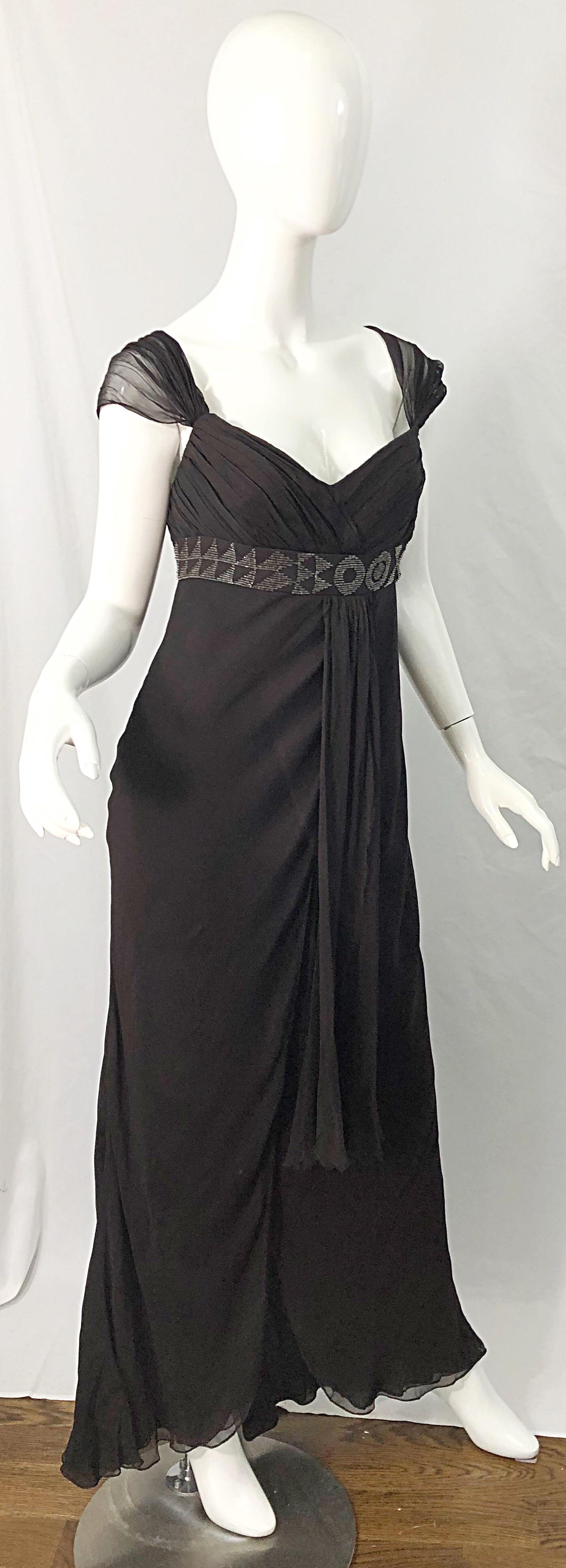 J Mendel Size 8 Early 2000s Brown Silk Chiffon Beaded Grecian Style Evening Gown For Sale 3