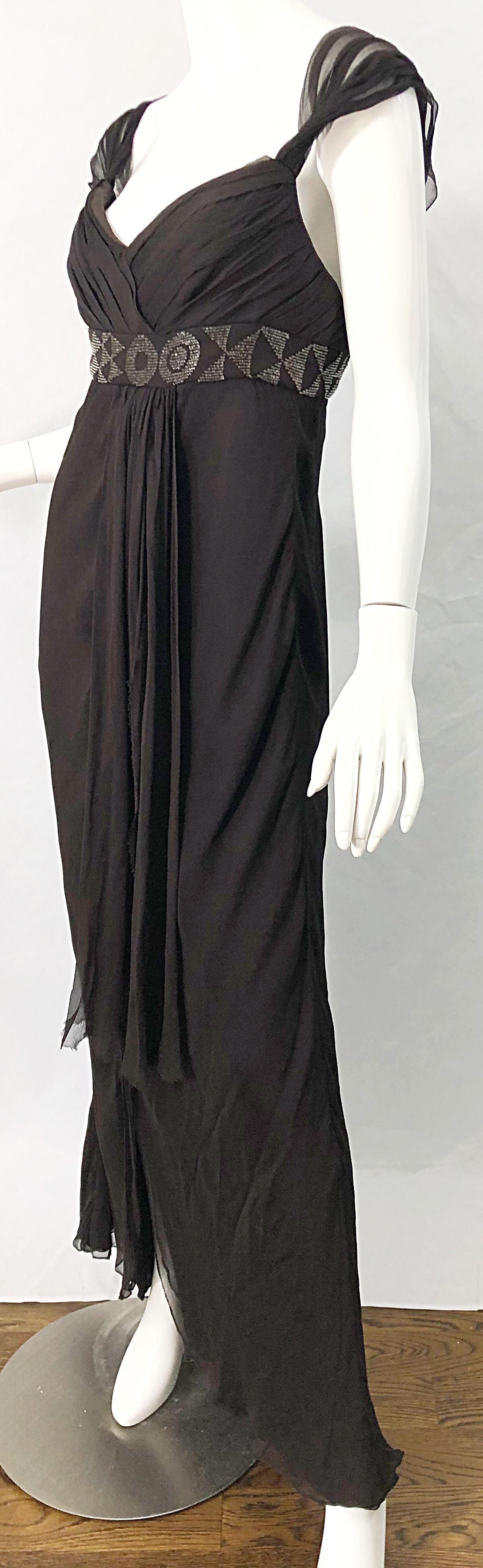 J Mendel Size 8 Early 2000s Brown Silk Chiffon Beaded Grecian Style Evening Gown For Sale 6