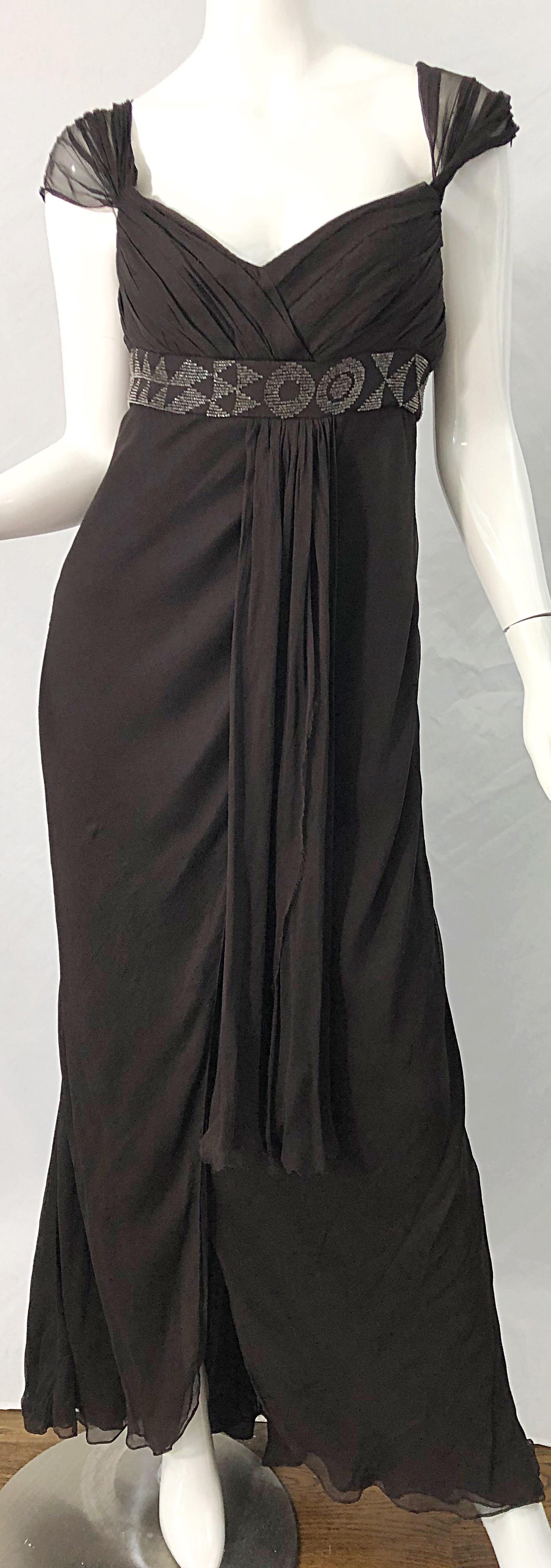 Beautiful Grecian inspired J MENDEL early 2000s Y2K brown silk chiffon beaded vintage evening gown ! This dress features the perfect brown color that is great for anytime of year. From Mendel's first RTW collection in 2004. Couture quality, with so