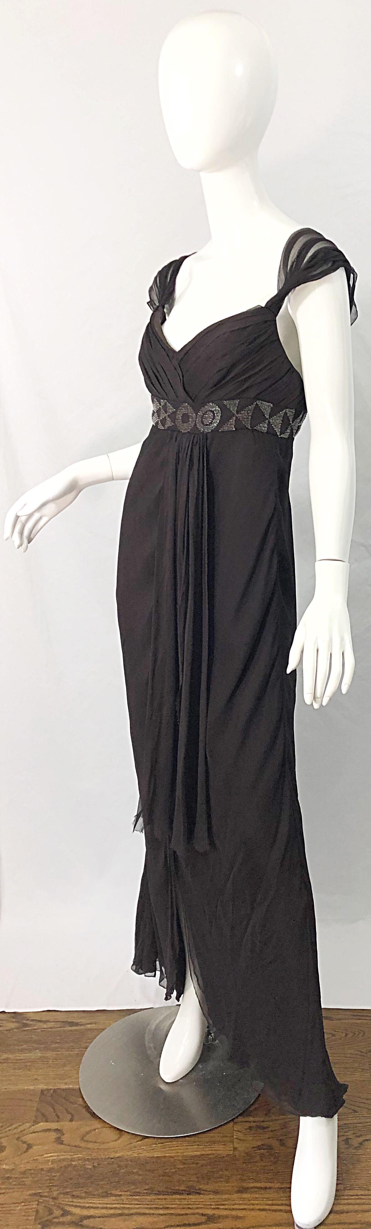 J Mendel Size 8 Early 2000s Brown Silk Chiffon Beaded Grecian Style Evening Gown In Excellent Condition For Sale In San Diego, CA