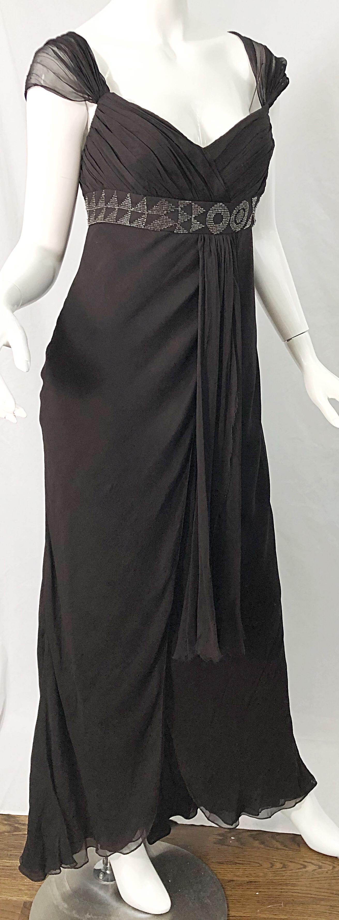 Women's J Mendel Size 8 Early 2000s Brown Silk Chiffon Beaded Grecian Style Evening Gown For Sale