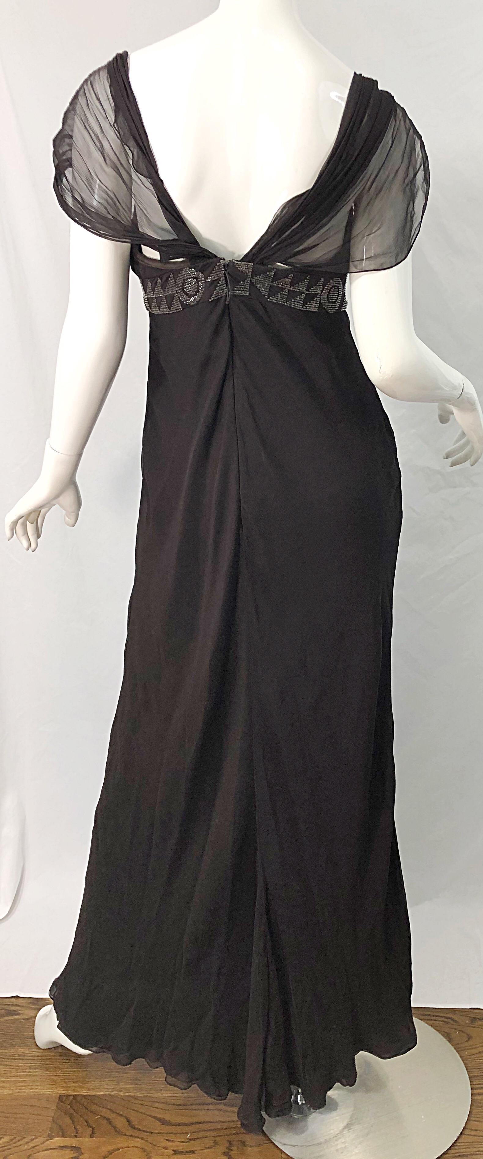 J Mendel Size 8 Early 2000s Brown Silk Chiffon Beaded Grecian Style Evening Gown For Sale 1
