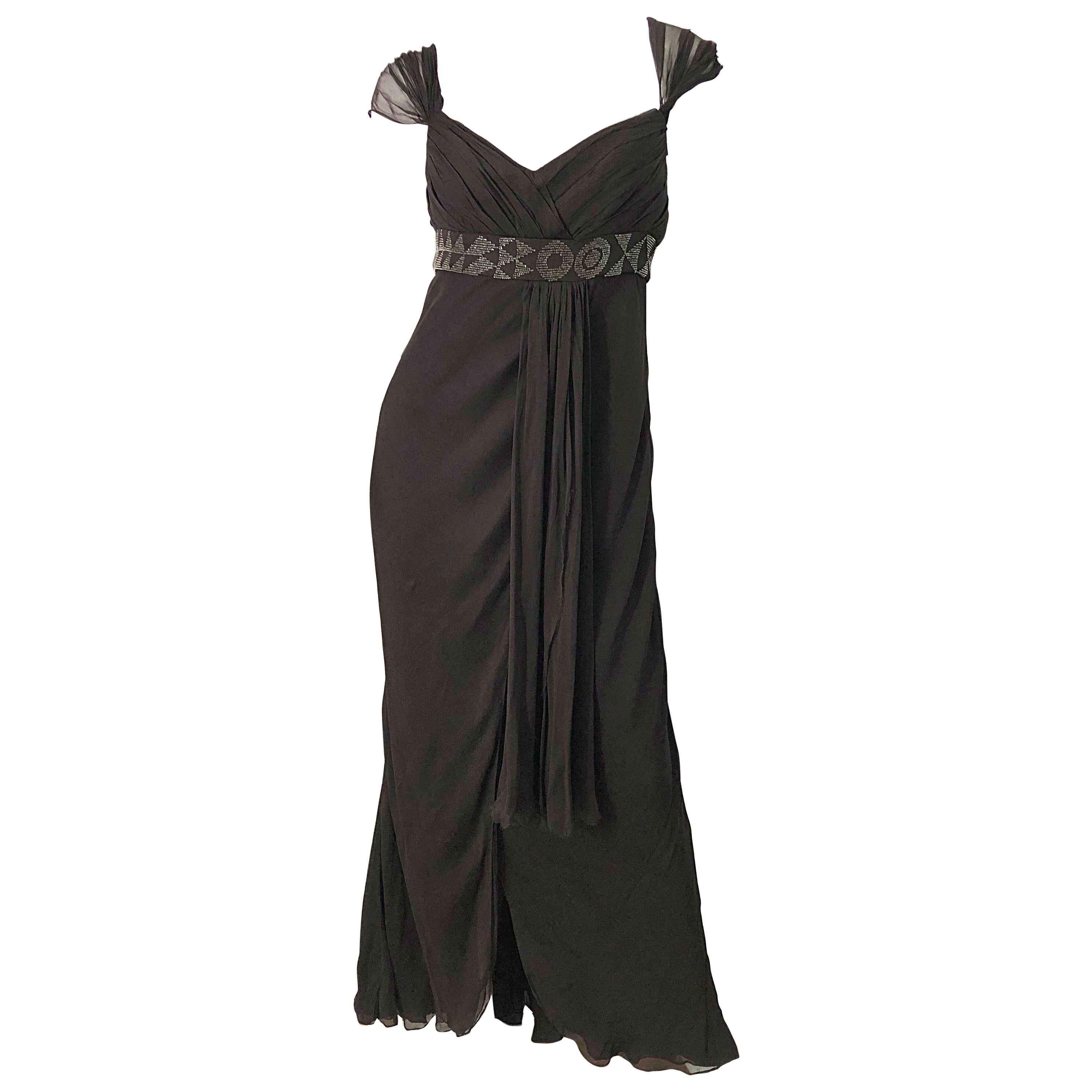 J Mendel Size 8 Early 2000s Brown Silk Chiffon Beaded Grecian Style Evening Gown For Sale