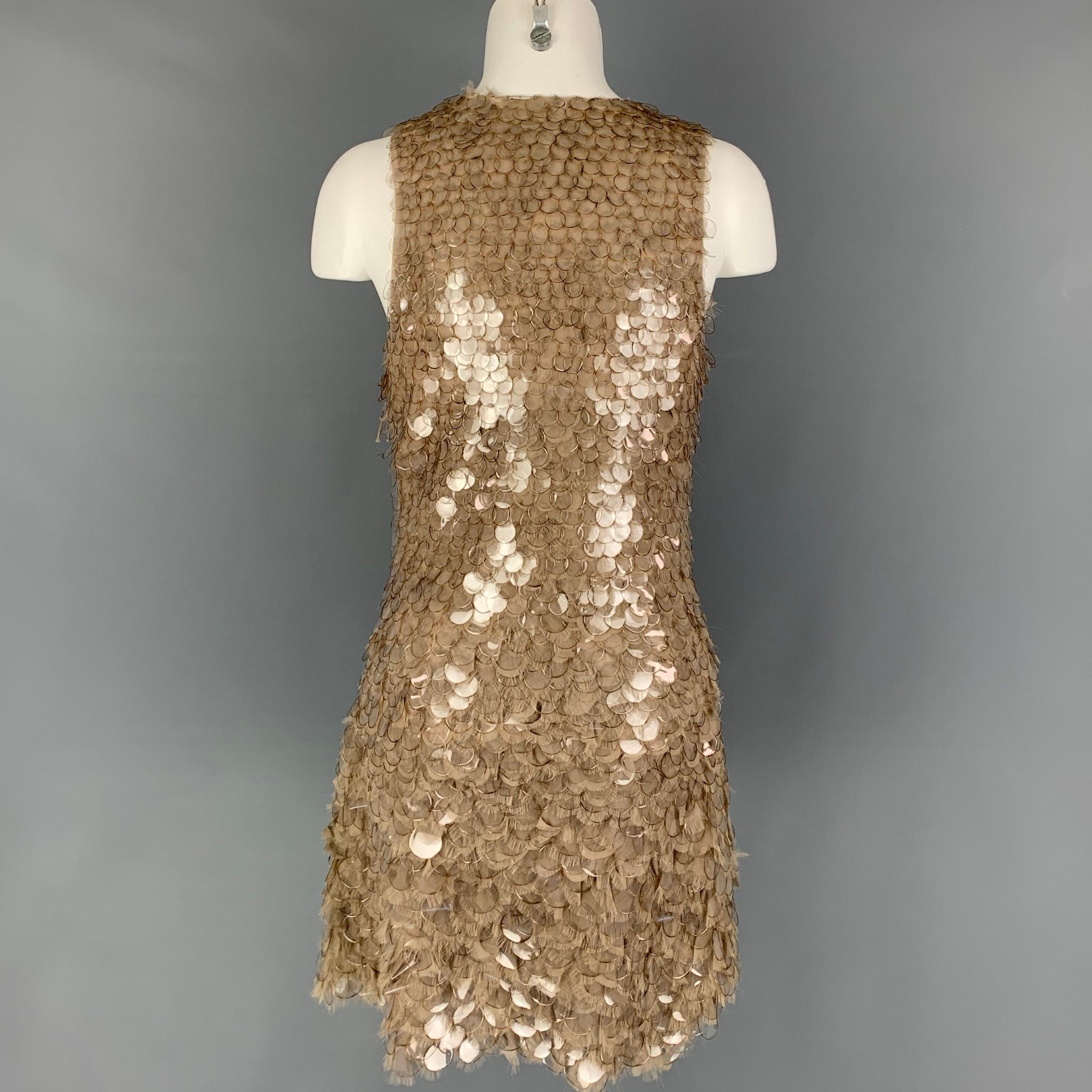 Brown J. MENDEL Size 8 Taupe Polyamide Silk Paillette Shift Dress
