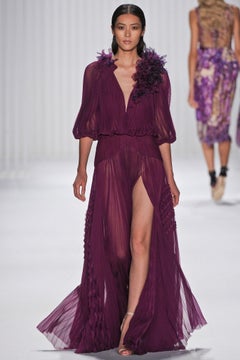J Mendel Spring 2013 Magenta Purple Bohemian Ruffled Silk Long Sleeve Gown