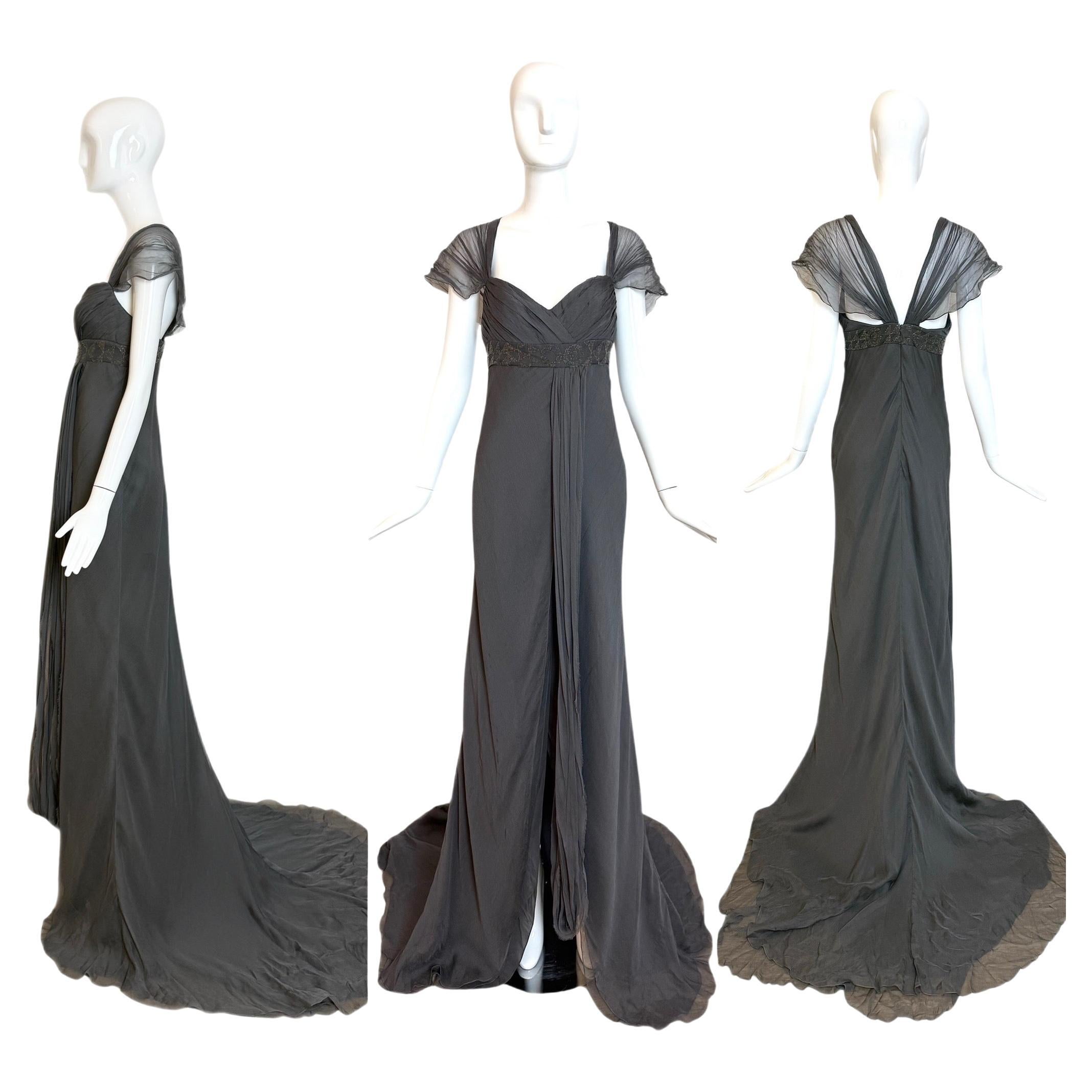 J. MENDEL Vintage Grey Silk Evening Gown w. Long Train Maxi Dress w. Slit Bead