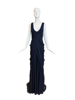 J. MENDEL Vintage Plunge Neckline Navy Blue Silk Grecian Evening Gown w. Train